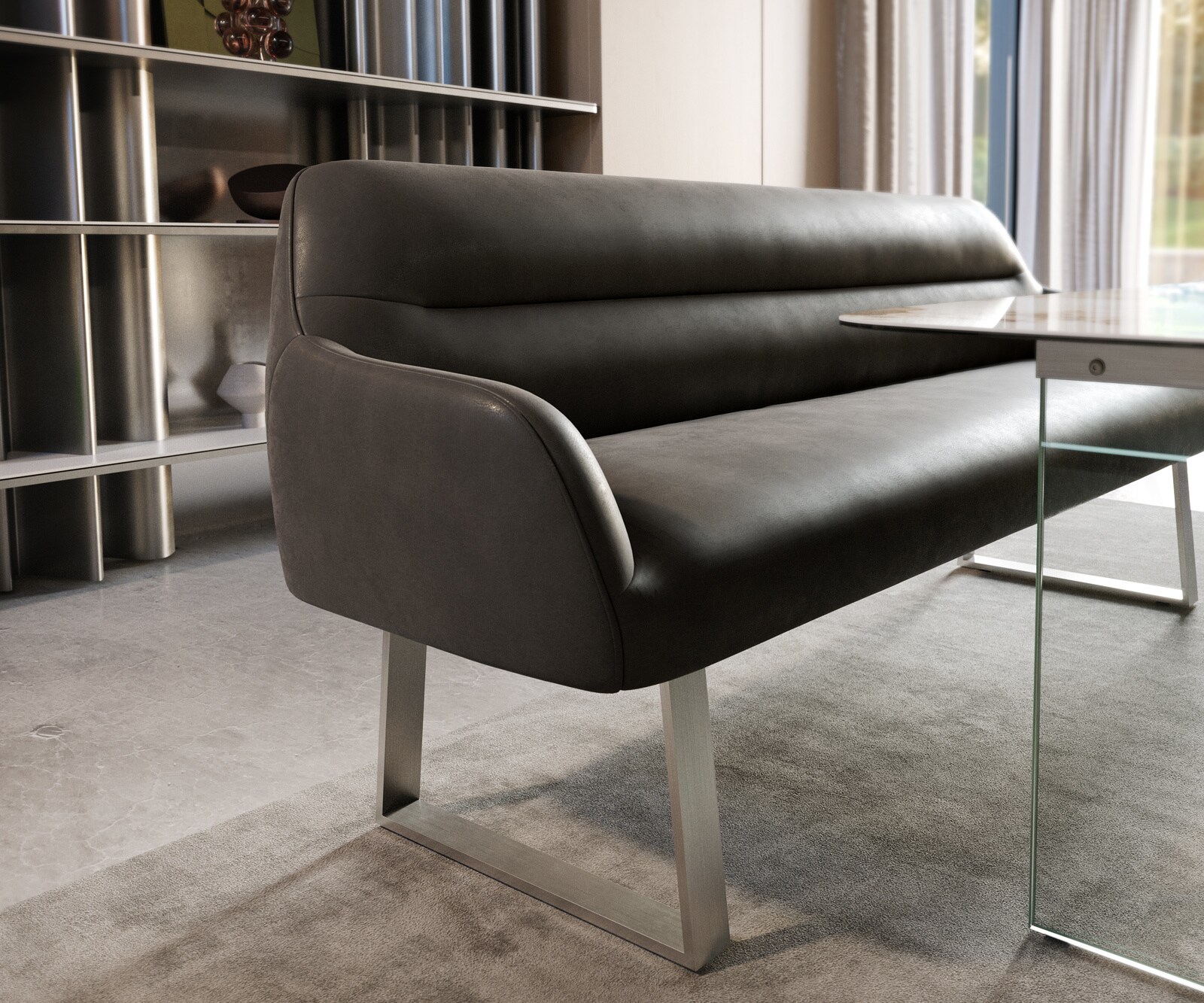 Esszimmerbank Taya-Flex 200 cm Mikrofaser Anthrazit Vintage Kufengestell kantig Edelstahl Taschenfederkern 4