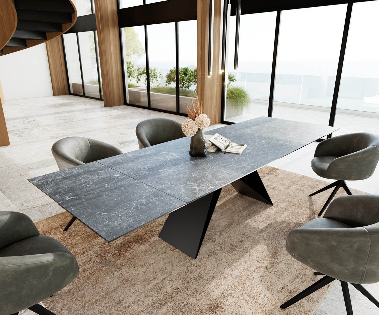 Delife Esstisch Edge 200-300x100 Keramik Laminam®Nero Greco Anthrazit V-Gestell Flachstahl Schwarz Ausziehbar