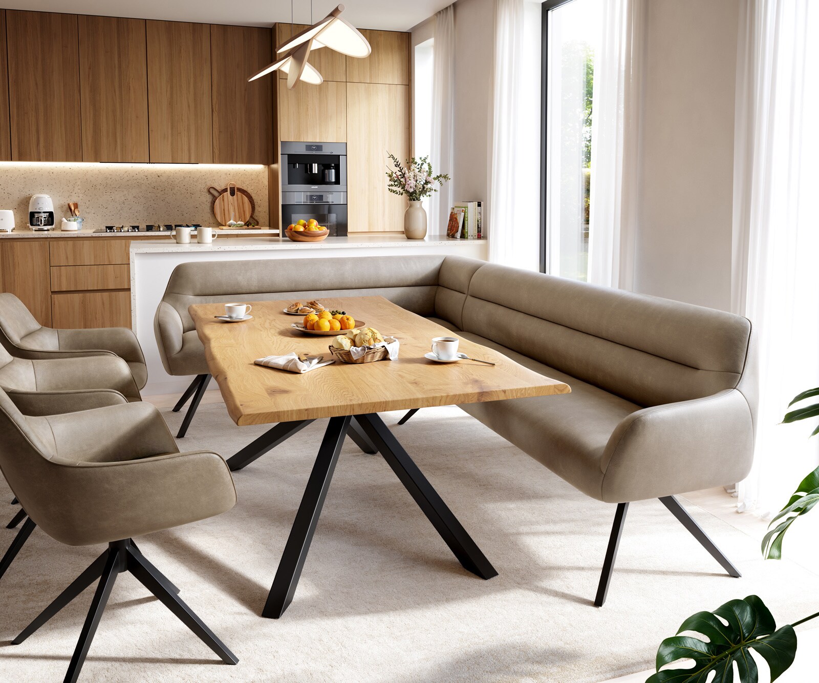 Esszimmerbank Taya-Flex 285x190 cm Mikrofaser Beige Vintage Kreuzgestell kantig Schwarz Taschenfederkern Rechts 1