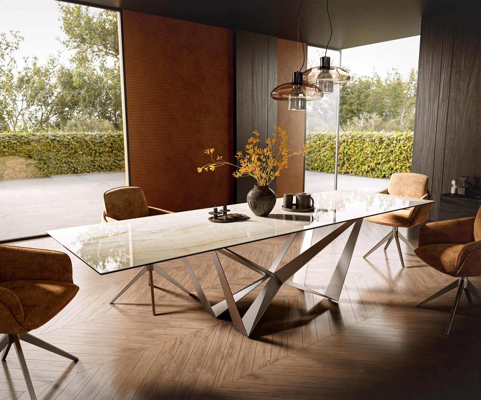Esstisch Edge 300x100 Keramik Laminam® Onice Oro ?Spider Flachstahl Edelsta günstig online kaufen