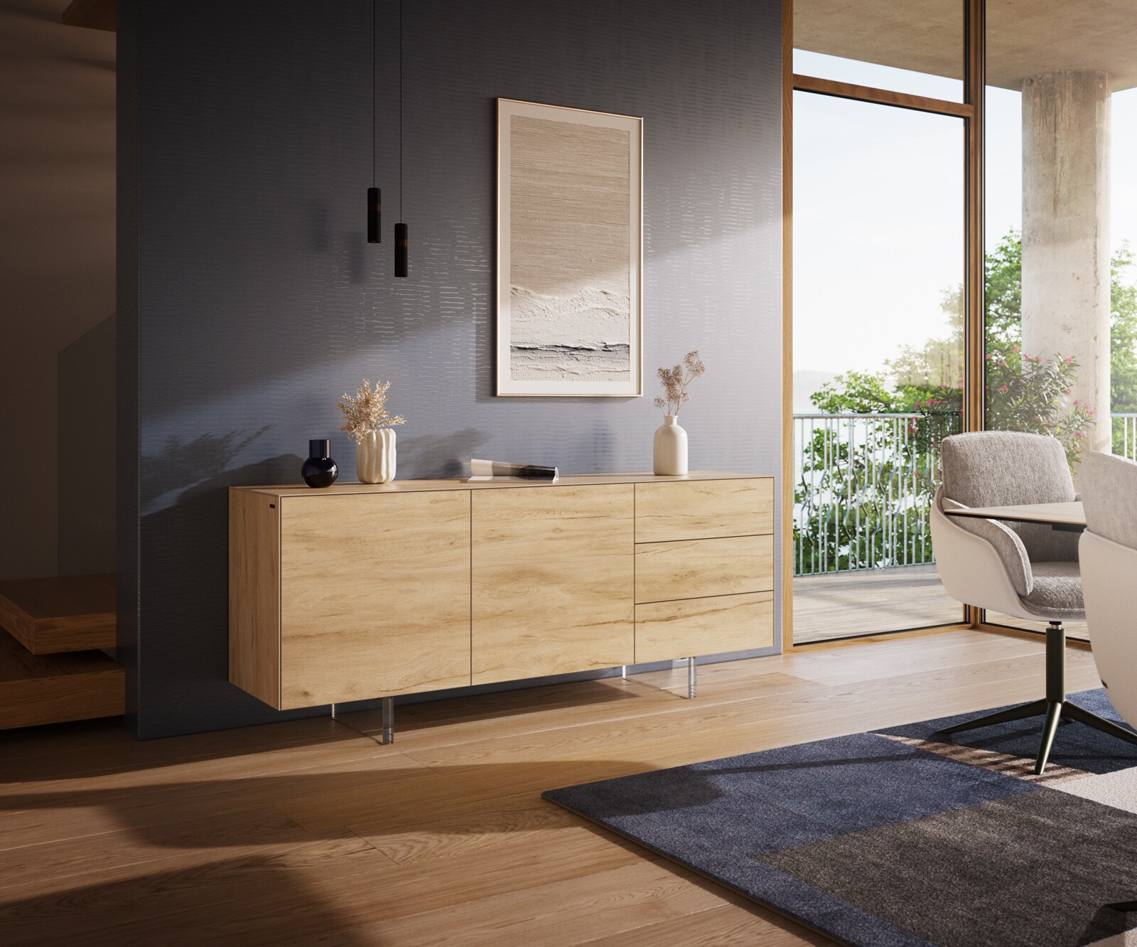 Sideboard Cuor 180 cm Keramik Laminam® Sabbia Eichefarbig 2 Türen 3 Schubfächer Fuß Schwebeoptik Acrylglas