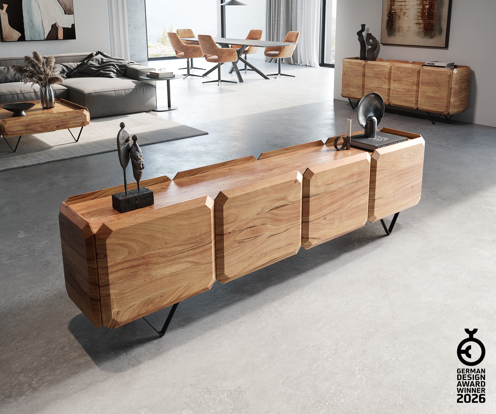 Lowboard Kiano 220 cm Akazie Natur 4 Türen V-Fuß Schwarz Raumteiler