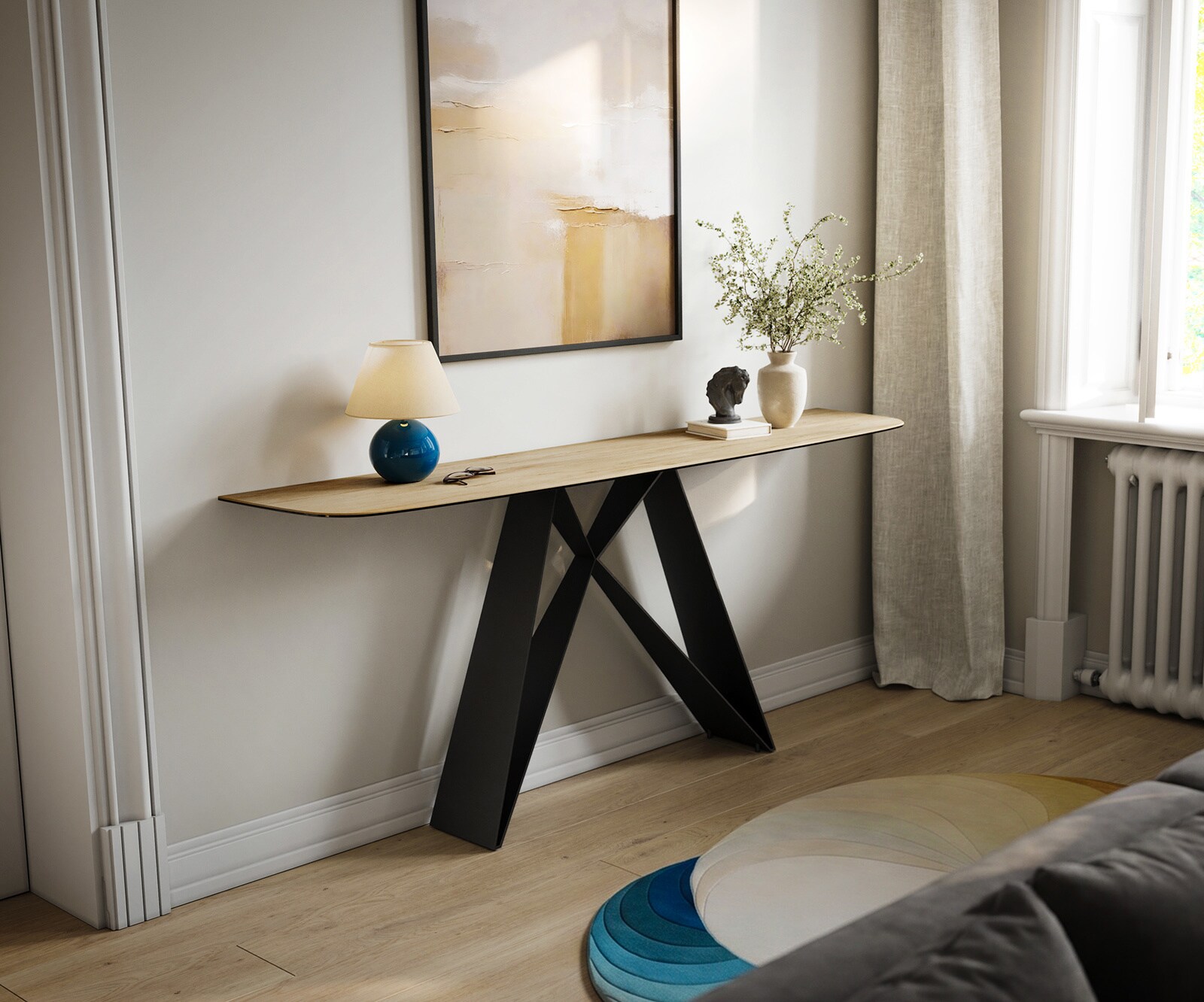 Konsolentisch Edge Boot 180x40 cm Keramik Laminam® Sabbia Eichefarbig Velio Metall Schwarz 3