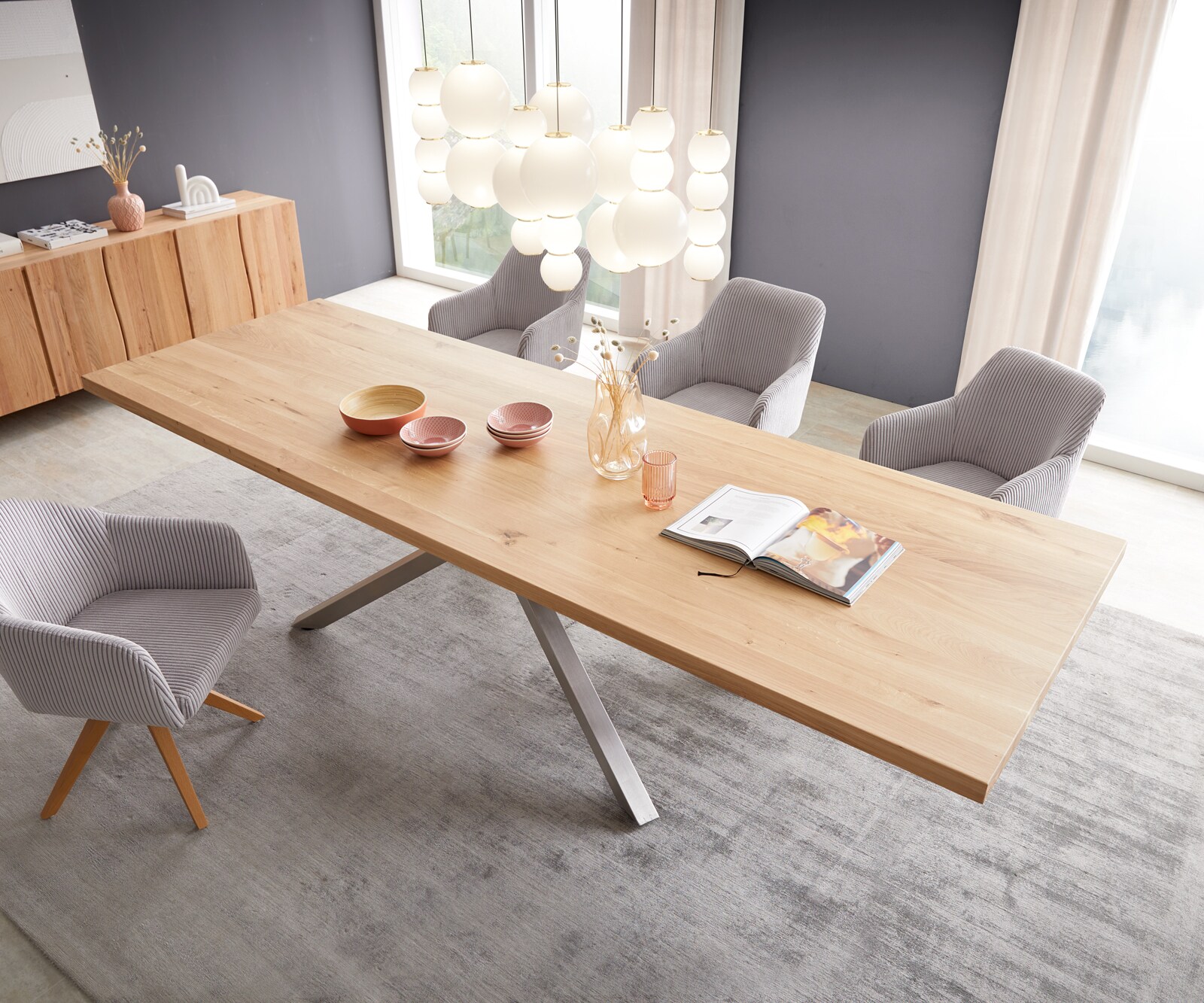 Esstisch Edge 300x100 Eiche Natur Kreuzgestell Rechteck Edelstahl 3