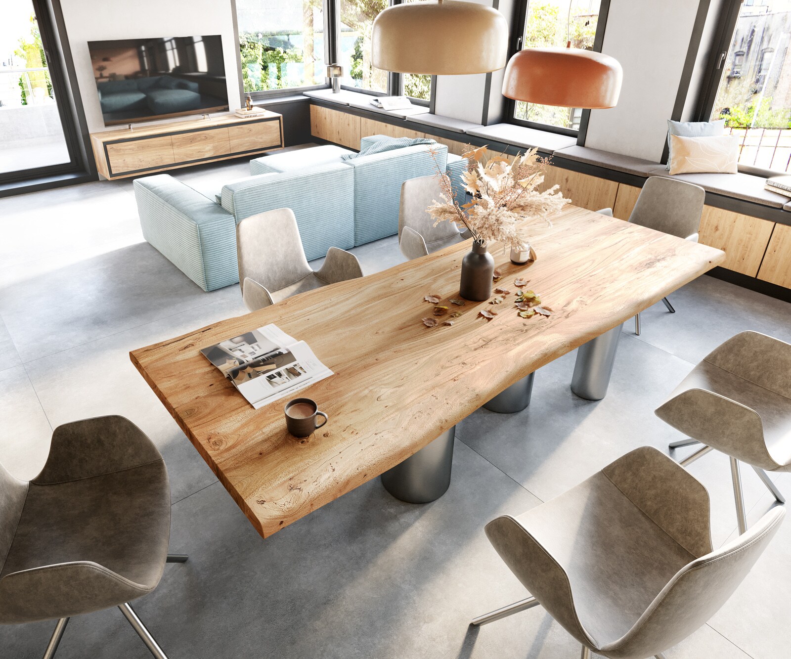 Esstisch Edge 280x100 XL Akazie Natur Pilier Edelstahl gebürstet Live-Edge 3