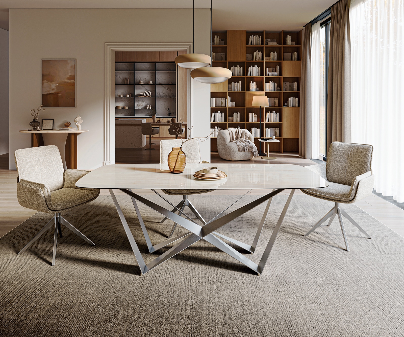 Esstisch Edge Boot 200x100 cm Keramik Onyx Champagne Spider Flachstahl Edelstahl Graphit 2