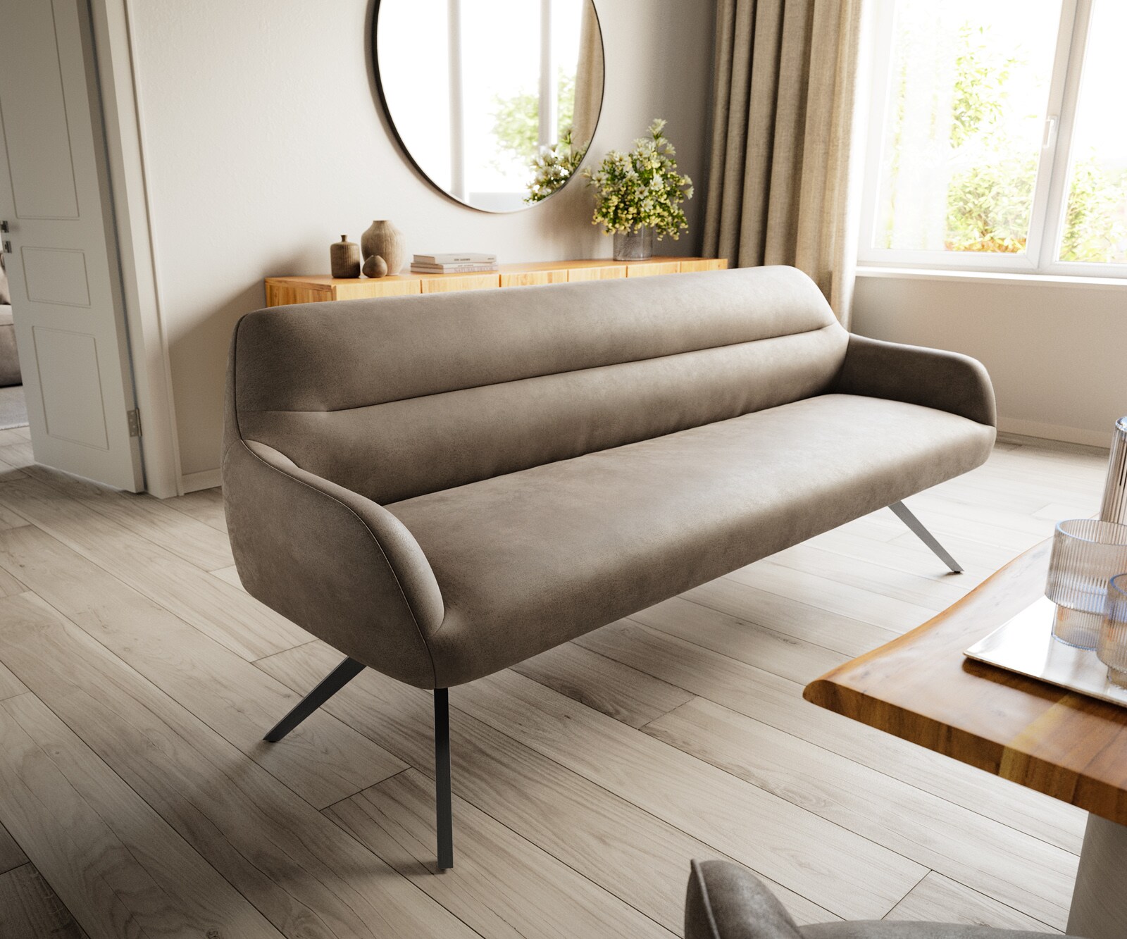 Esszimmerbank Taya-Flex 200 cm Mikrofaser Taupe Vintage Kreuzgestell kantig Graphit Taschenfederkern