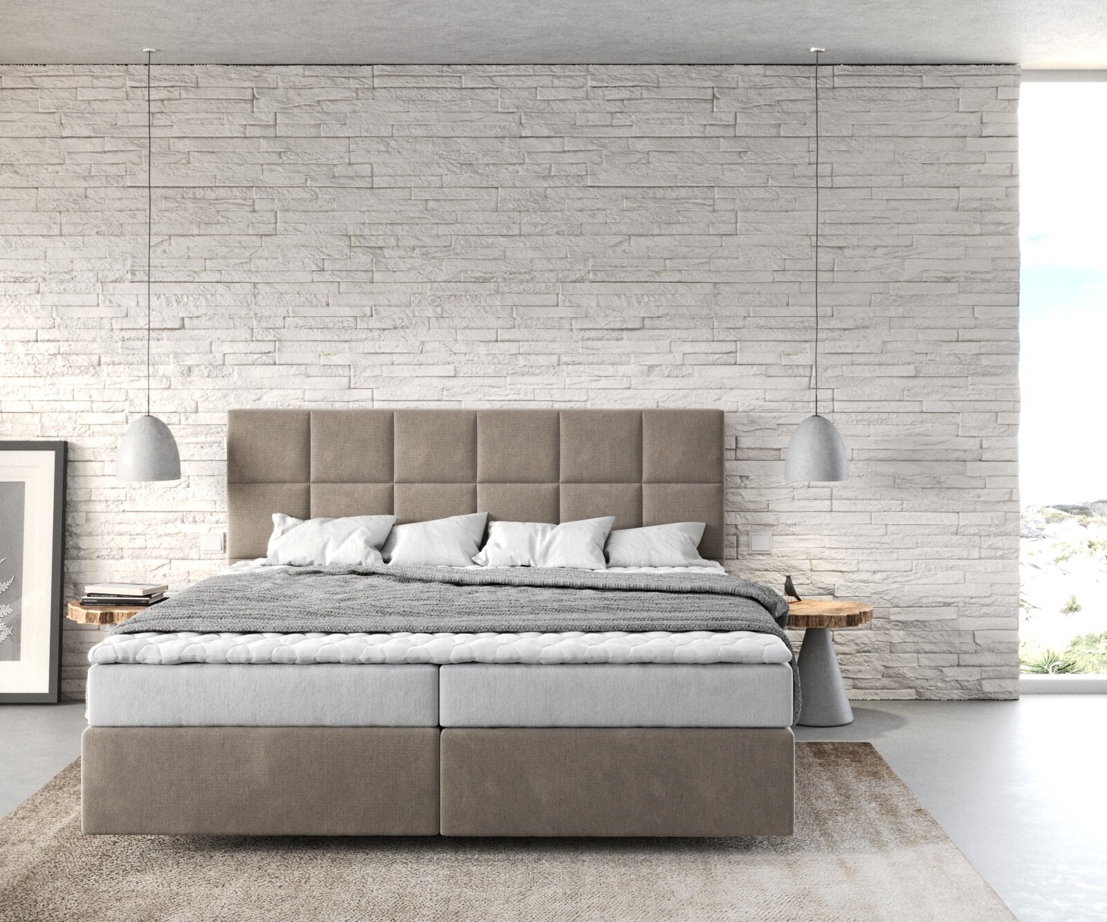 Boxspringbett Dream-Fine 180x200 cm Mikrofaser Beige mit Matratze und Topper 1