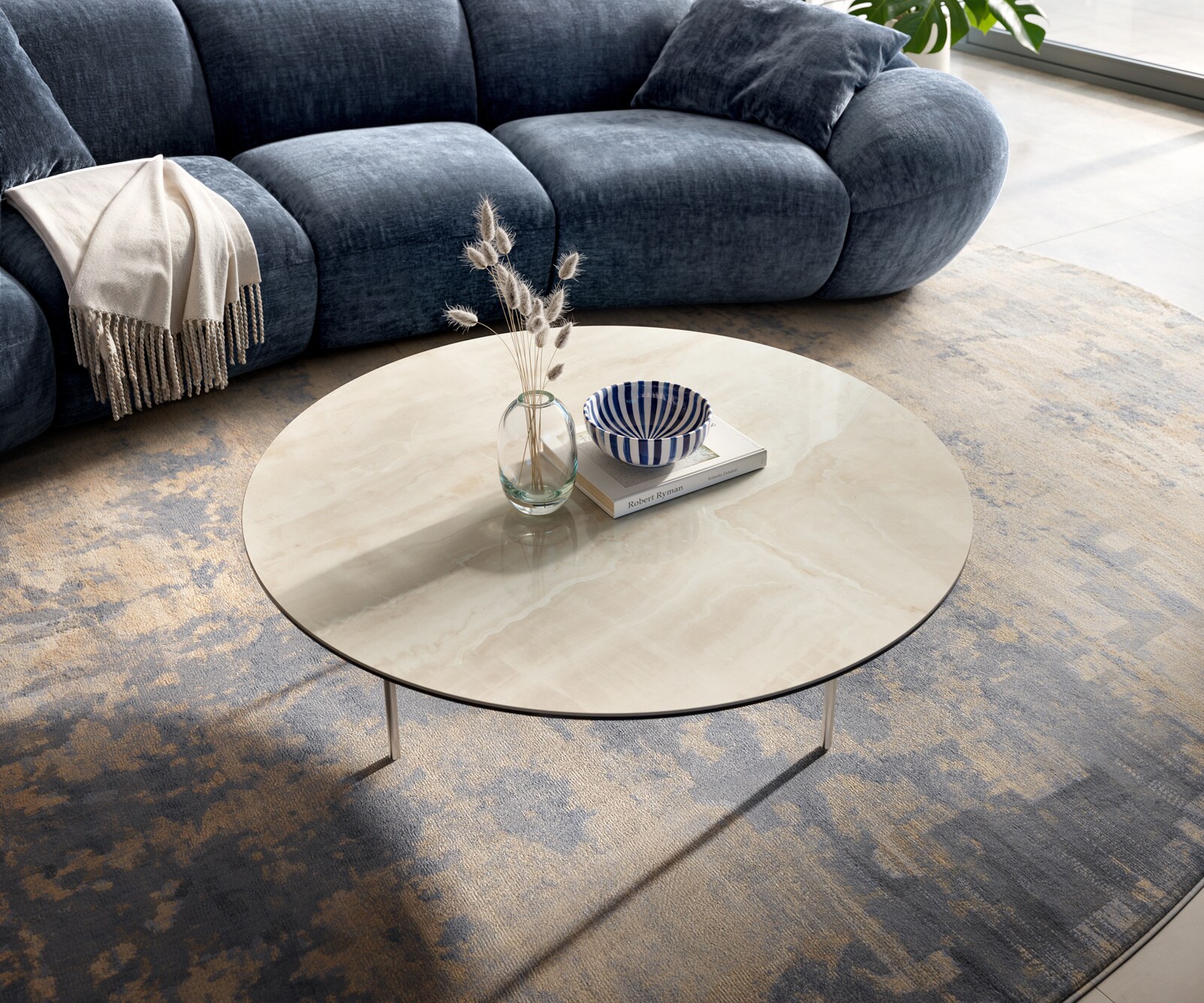 Couchtisch Edge Rund 100x100 cm Keramik Onyx Champagne Trive Edelstahl gebürstet 2