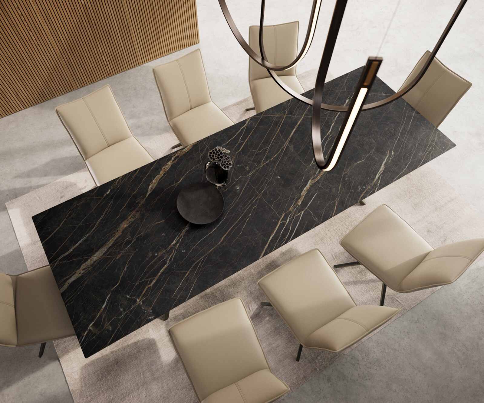 Esstisch Edge 300x100 Keramik Laminam®Noir Desir Braun Estelar rund Metall Effektfinish Titan 5