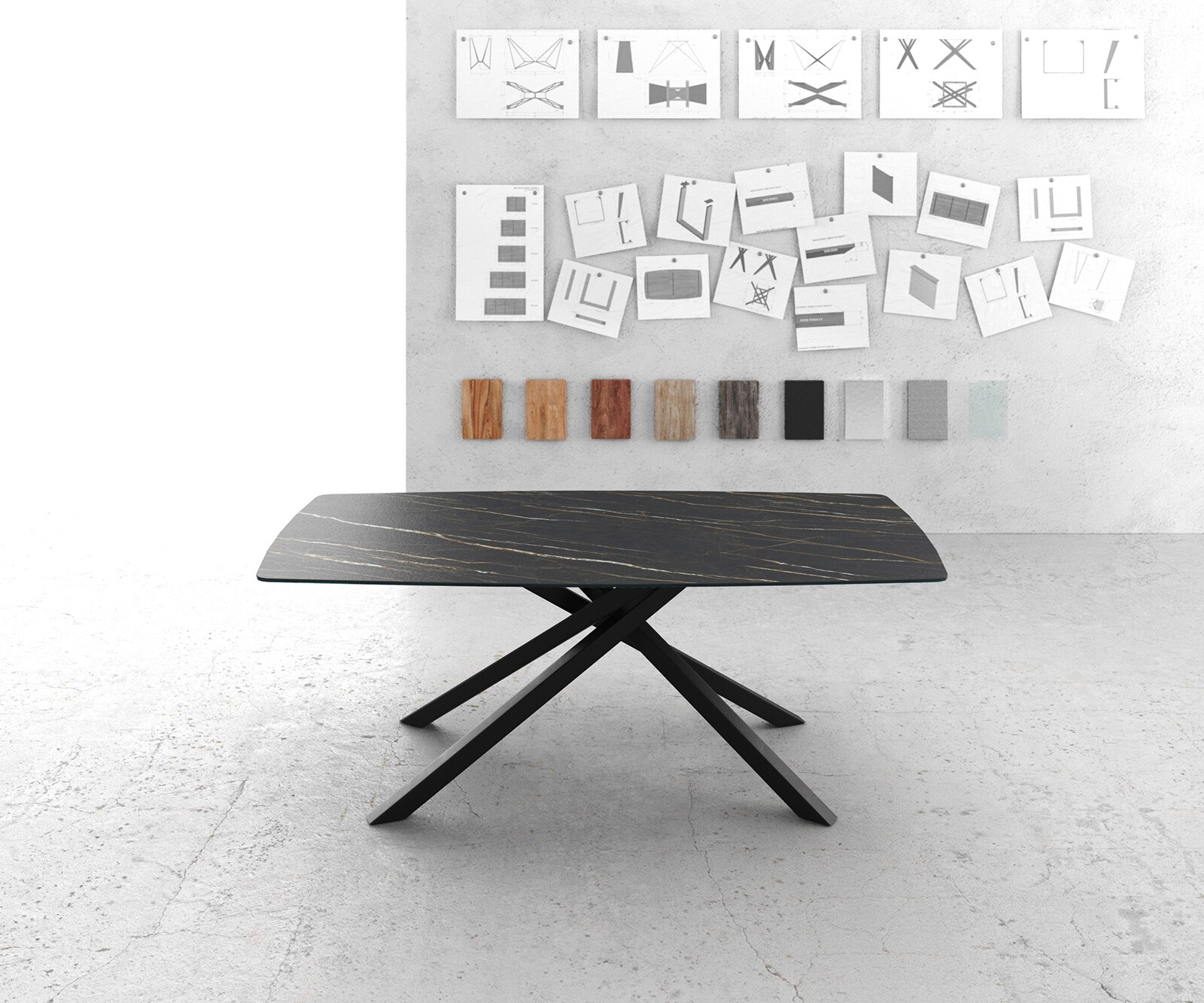 Esstisch Edge Bootsform 200x100cm Laminam® Keramik Noir Desir Braun Mittelfuß Kreuz Schwarz 1