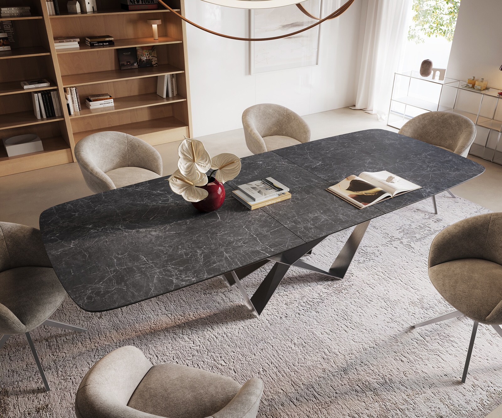 Esstisch Edge Boot 240-300x120 cm Keramik Laminam® Nero Greco Anthrazit Spider Flachstahl Edelstahl ausziehbar 4