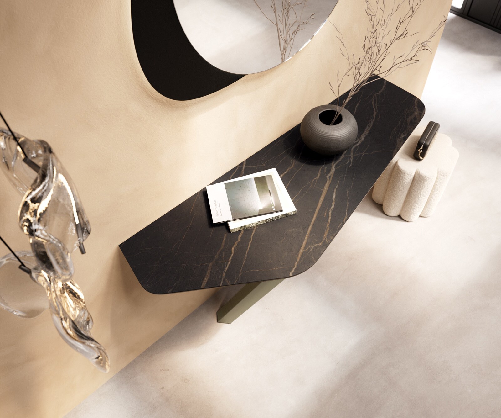 Konsolentisch Edge Polygonal 140x50 cm Keramik Laminam® Noir Desir Braun Zentharo Metall Effektfinish Titan 1