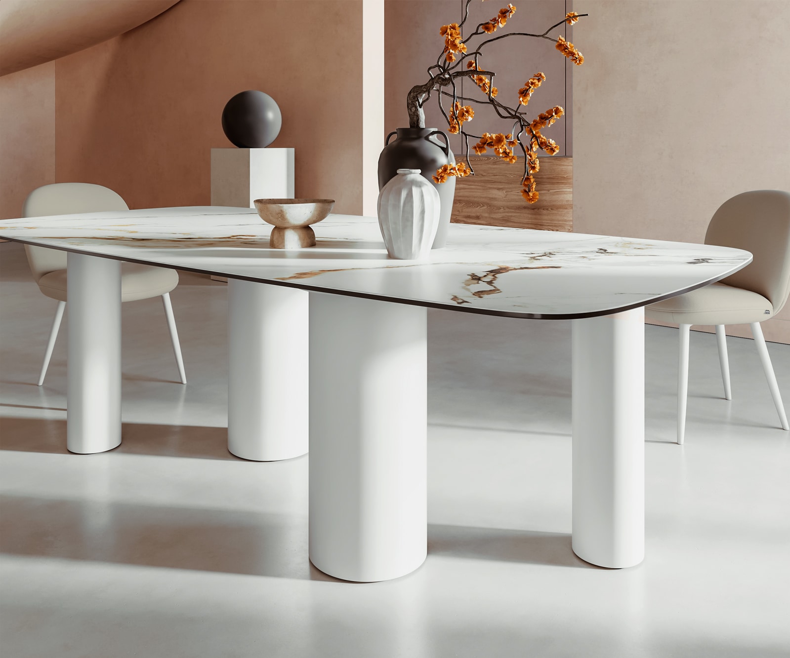 Esstisch Edge Boot 240x120 Keramik Calacatta Luxe Weiß-Gold-Grau Pilier Metall Weiß 6 Esstisch Edge Boot 240x120 Keramik Calacatta Luxe Weiß-Gold-Grau Pilier Metall Weiß 6