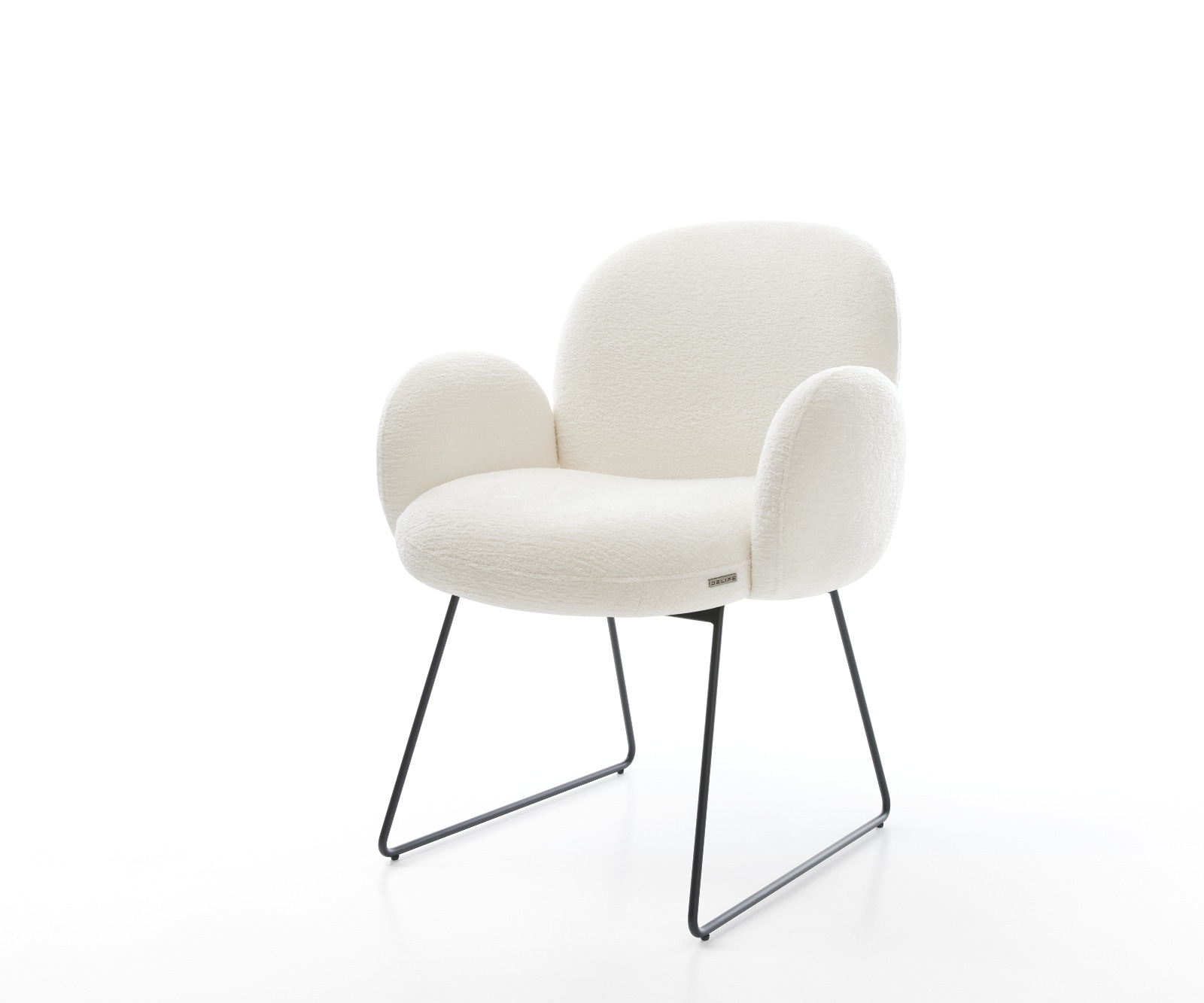 Esszimmerstuhl Nube-Flex mit Armlehnen Bouclé Soft Beige Kufengestell Schwarz Taschenfederkern