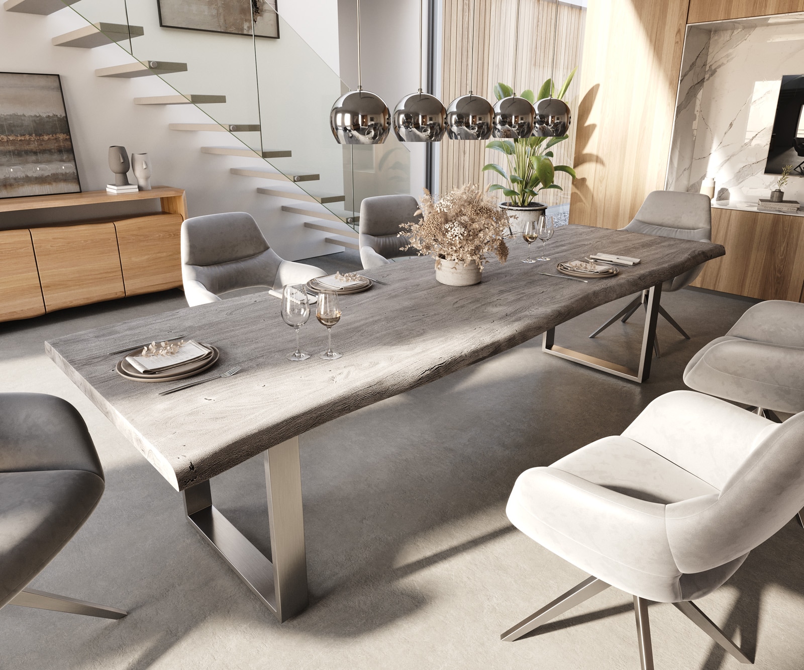 Esstisch Edge 300x100 XL Akazie Platin Edelstahl Schmal Live-Edge Esstisch Edge 300x100 XL Akazie Platin Edelstahl Schmal Live-Edge