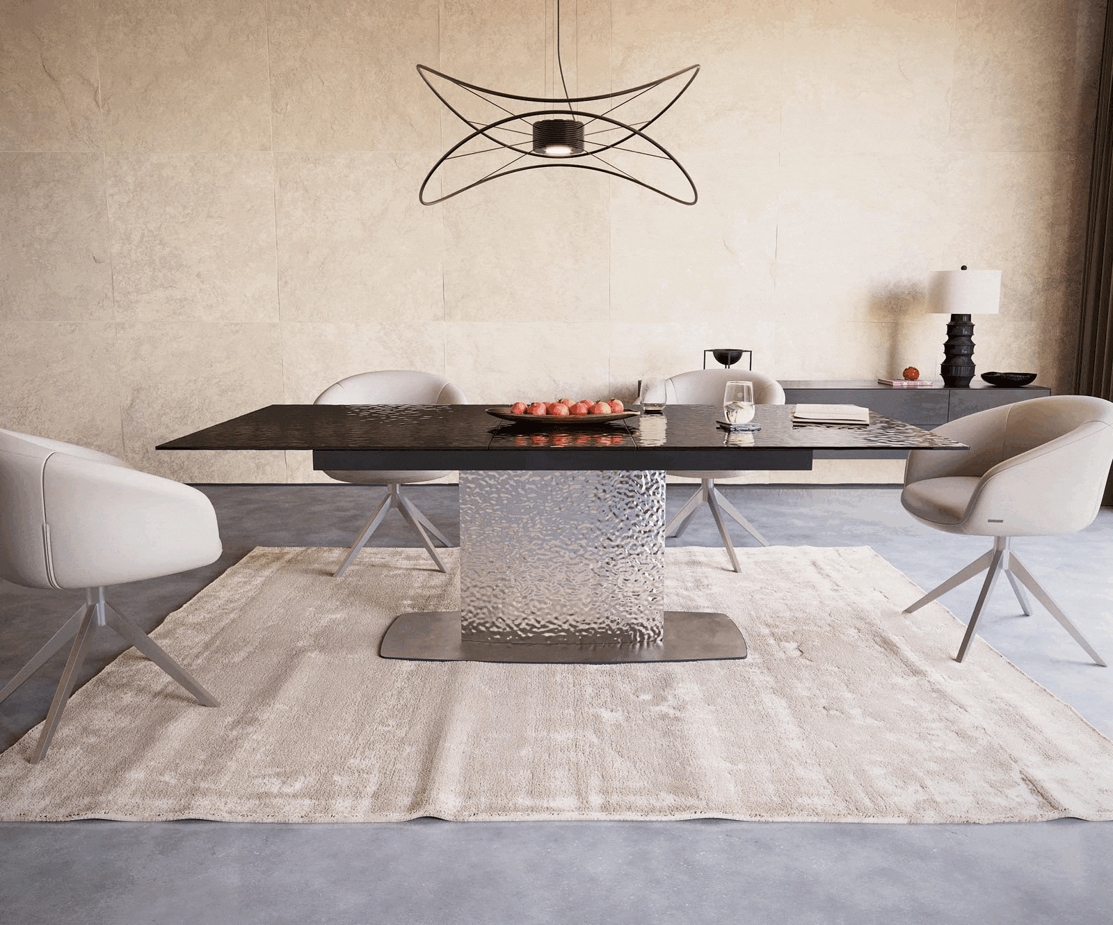 Esstisch Edge 180-220x100 Reliefglas Rauchschwarz 3D-Design Wave Edelstahl ausziehbar 1 Esstisch Edge 180-220x100 Reliefglas Rauchschwarz 3D-Design Wave Edelstahl ausziehbar 1