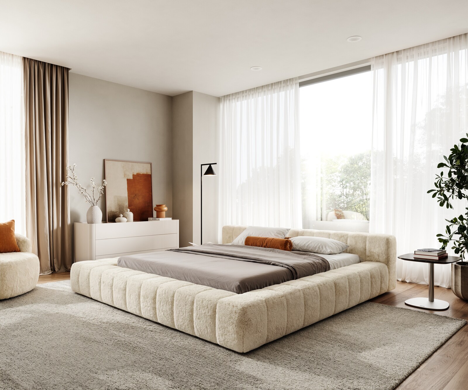 Polsterbettgestell Espazio 180x200 cm Plüsch Creme-Weiß 1