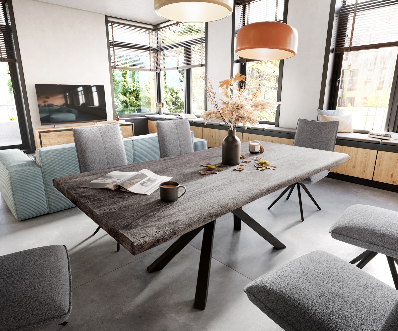 Esstisch Edge 200x100 XL Akazie Platin Kreuzgestell Rechteck Schwarz Live-Edge Esstisch Edge 200x100 XL Akazie Platin Kreuzgestell Rechteck Schwarz Live-Edge