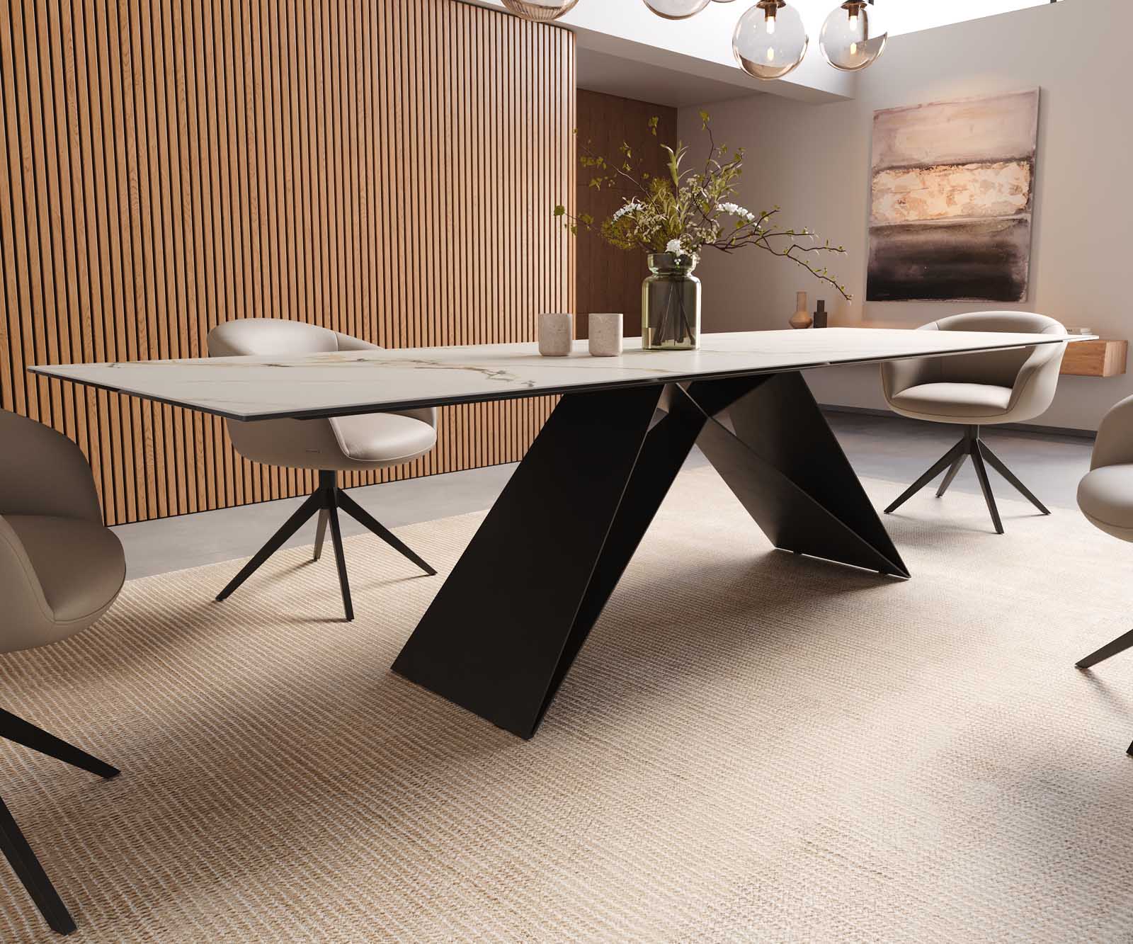 Esstisch Edge 300x100 Keramik Calacatta Luxe Weiß-Gold-Grau V-Gestell Flachstahl Schwarz 7