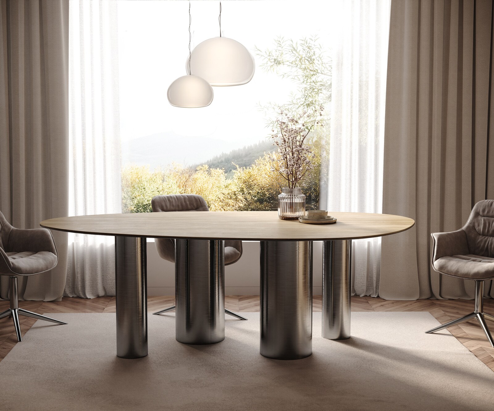 Esstisch Edge Oval 220x120 Keramik Laminam® Sabbia Eichefarbig Pilier Edelstahl Graphit 1