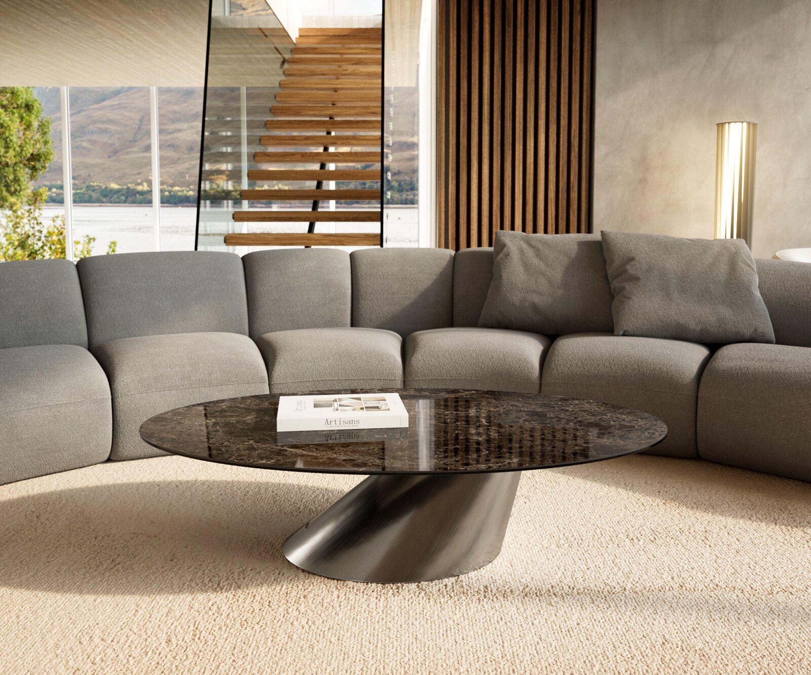 Couchtisch Edge Oval 140x80 cm Keramik Emperador Extra Lucidato Dunkelbraun Conis Edelstahl gebürstet 2