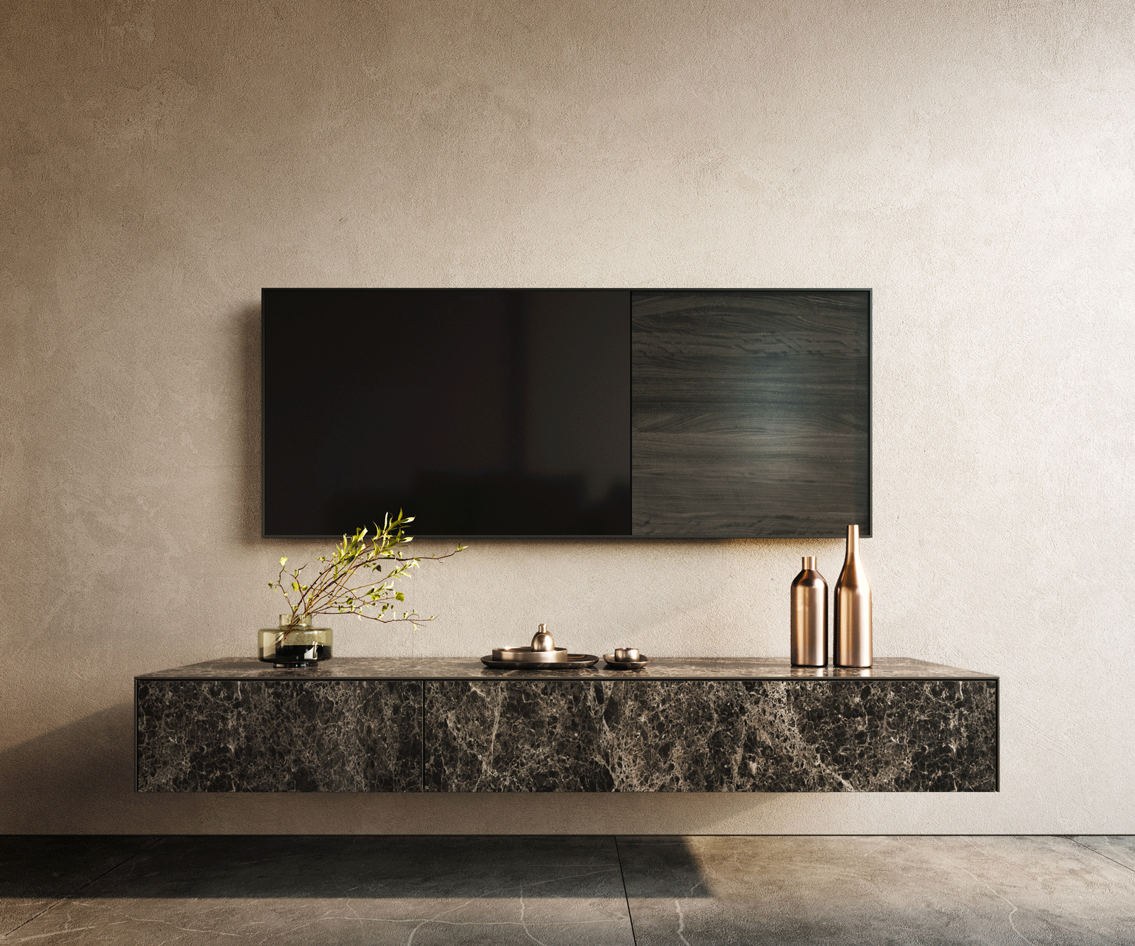 Lowboard Cuor 150 cm Keramik Laminam® Emperador Extra Lucidato Dunkelbraun 1 Klappe 1 Schubfach Schwebend 1