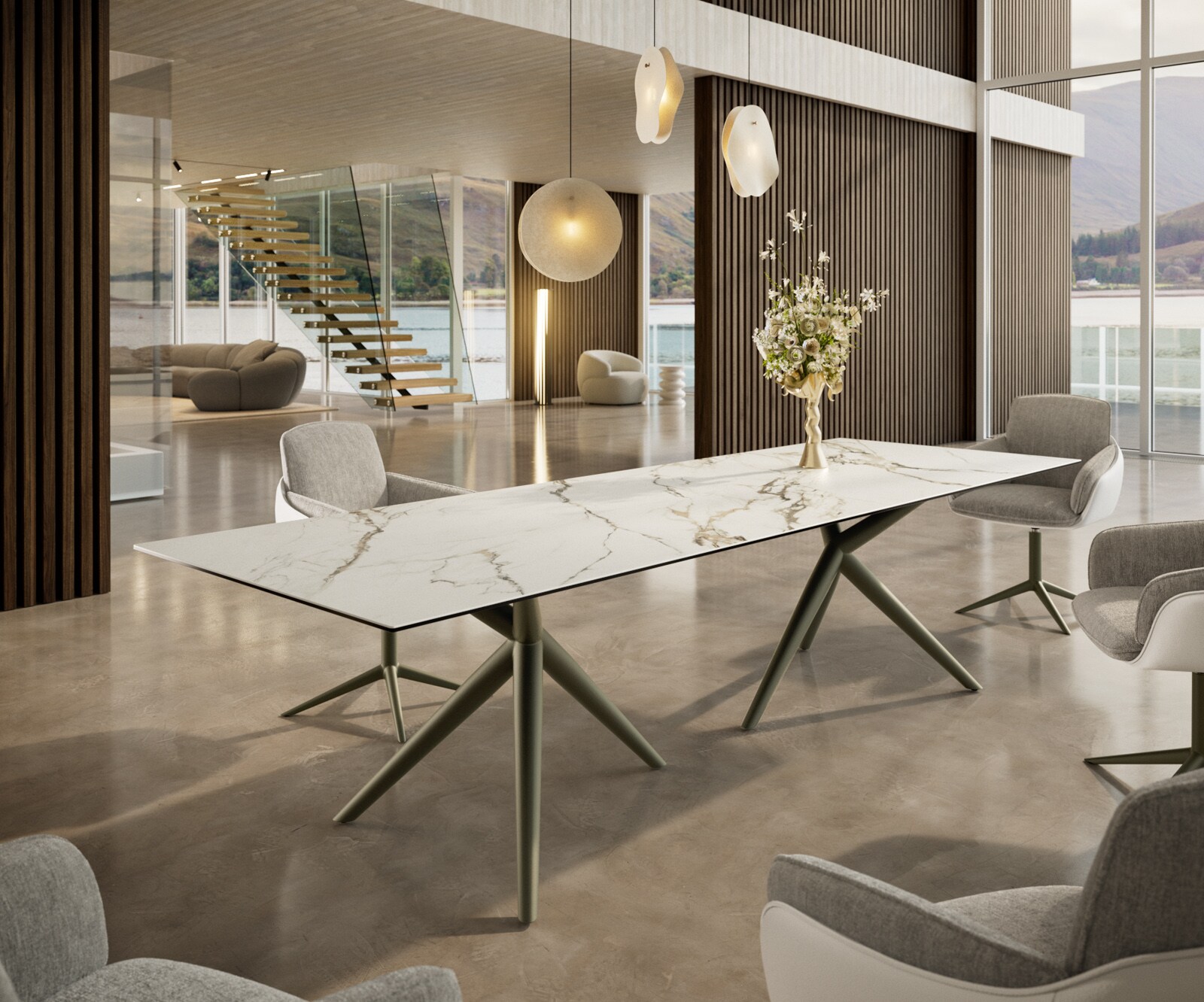 Esstisch Edge 300x100 Keramik Calacatta Luxe Weiß-Gold-Grau Estelar rund Metall Effektfinish Titan 1
