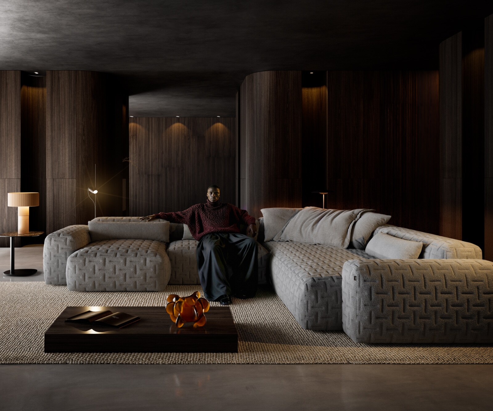 Wohnlandschaft Freestyle 360x290 cm Strukturstoff Soft Grau Gesteppt