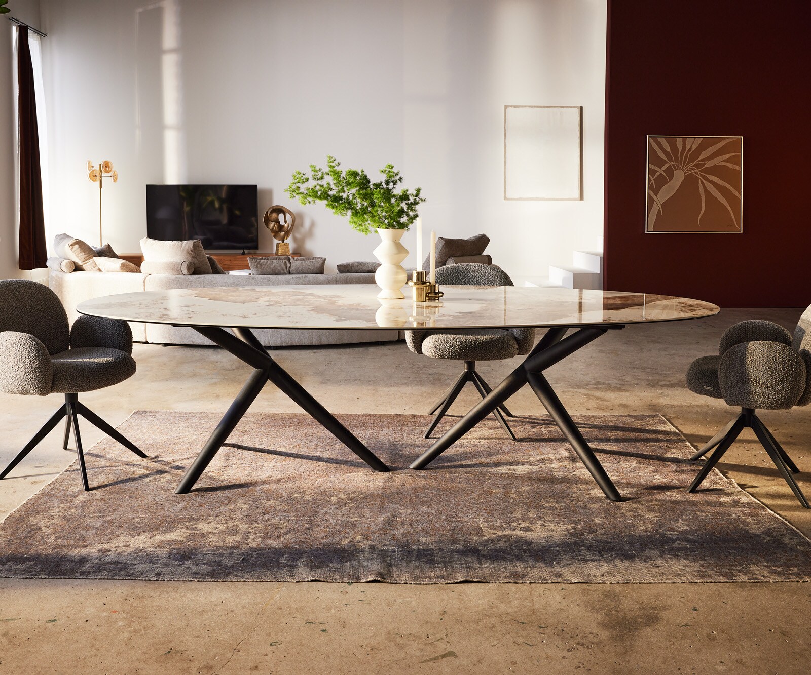 Esstisch Edge Oval 280x130 Keramik Minas Melange Weiß-Beige Estelar rund Metall Schwarz 1