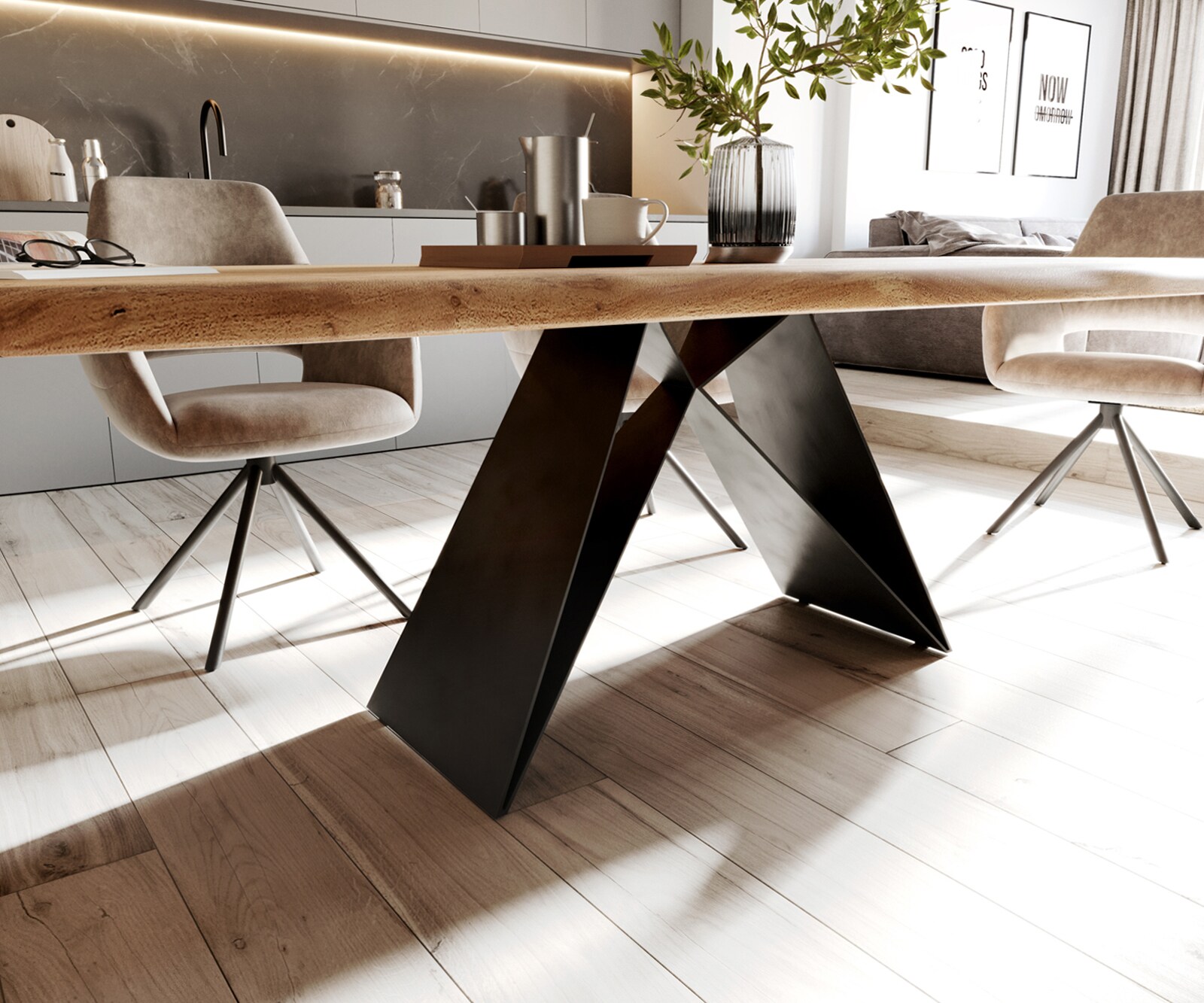 Esstisch Edge 260x100 XL Akazie Natur V-Gestell Flachstahl Schwarz Live-Edge 5