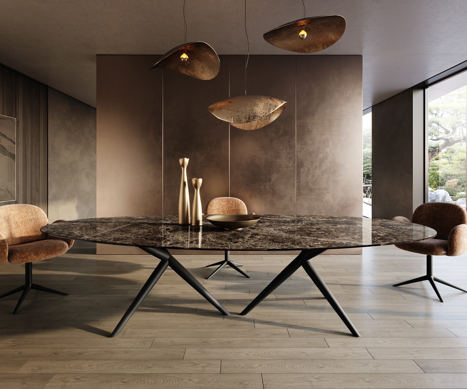 Esstisch Edge Oval 315x150 cm Keramik Emperador Extra Lucidato Dunkelbraun Estelar rund Metall Schwarz 2
