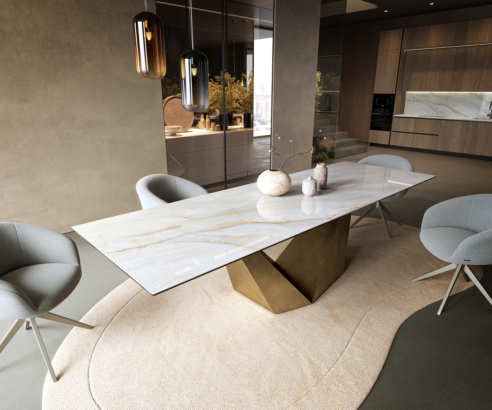 Esstisch Edge 300x100 cm Keramik Onyx Pearl Prisma Metallic Gold 1