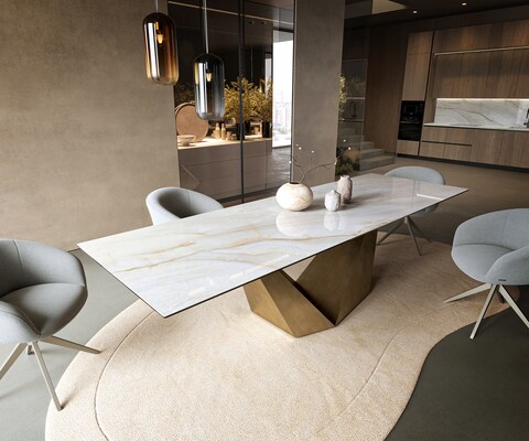 Esstisch Edge 300x100 cm Keramik Onyx Pearl Prisma Metallic Gold