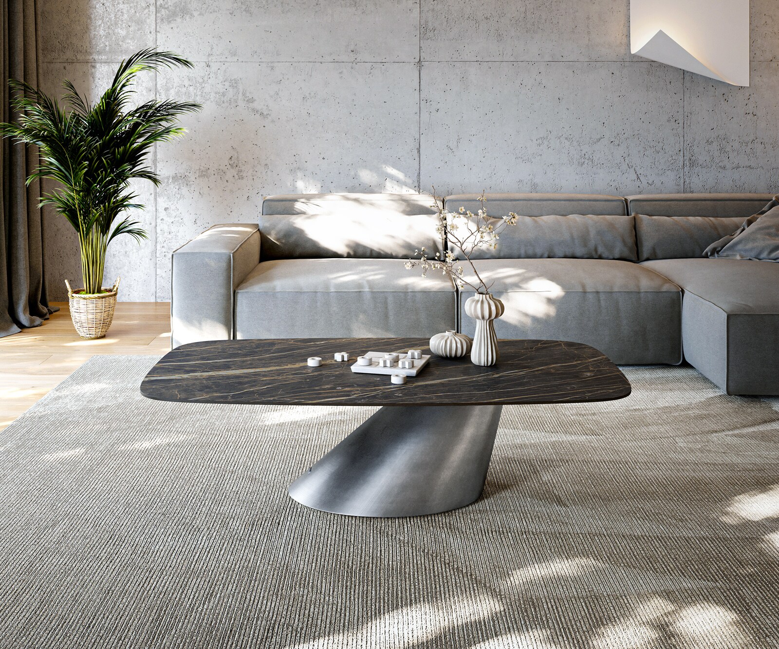 Couchtisch Edge Boot 140x80 cm Keramik Laminam® Noir Desir Braun Conis Metallic Silber