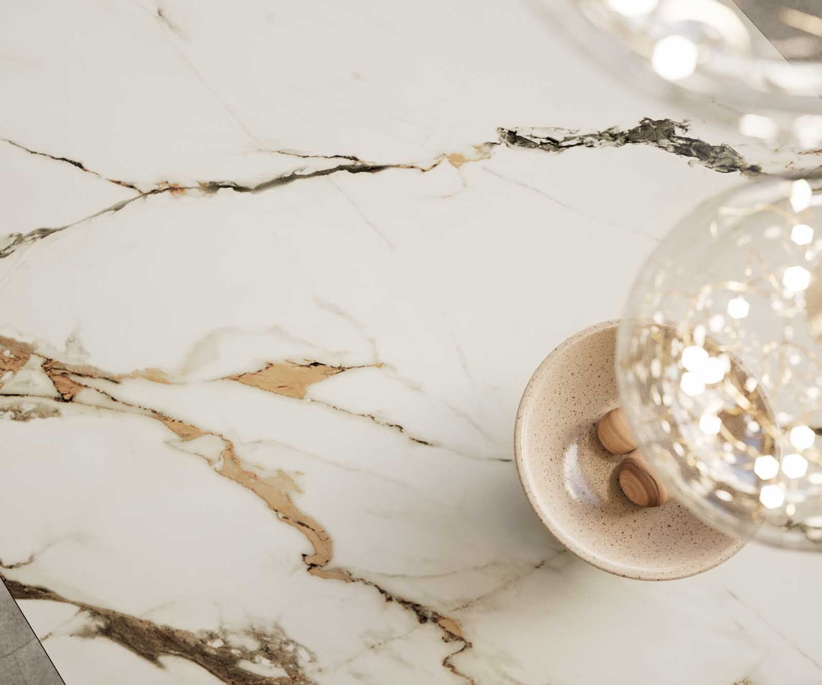 Esstisch Edge 200-300x100 Keramik Calacatta Luxe Weiß-Gold-Grau Spider Flachstahl Edelstahl ausziehbar 2
