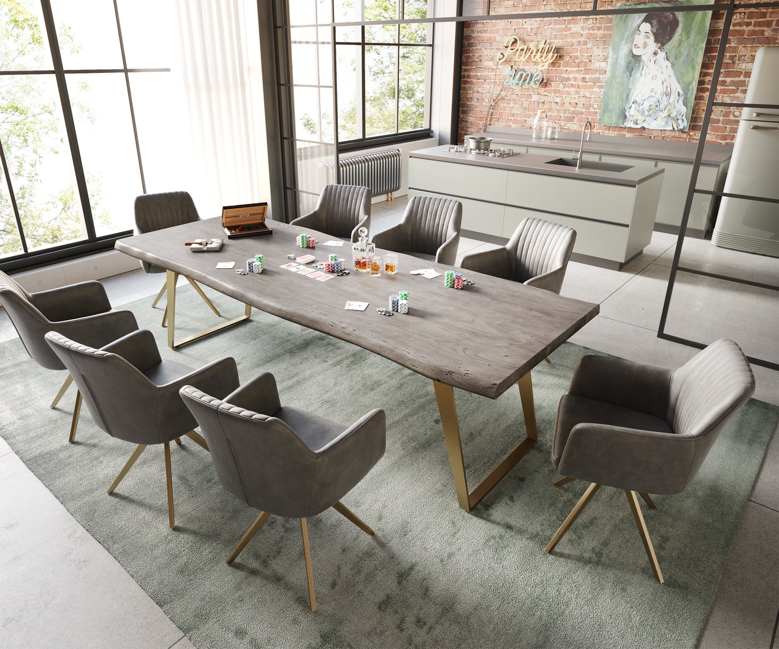 Esstisch Edge 260x100 XL Akazie Platin Edelstahl Gold Schräg Live-Edge 5