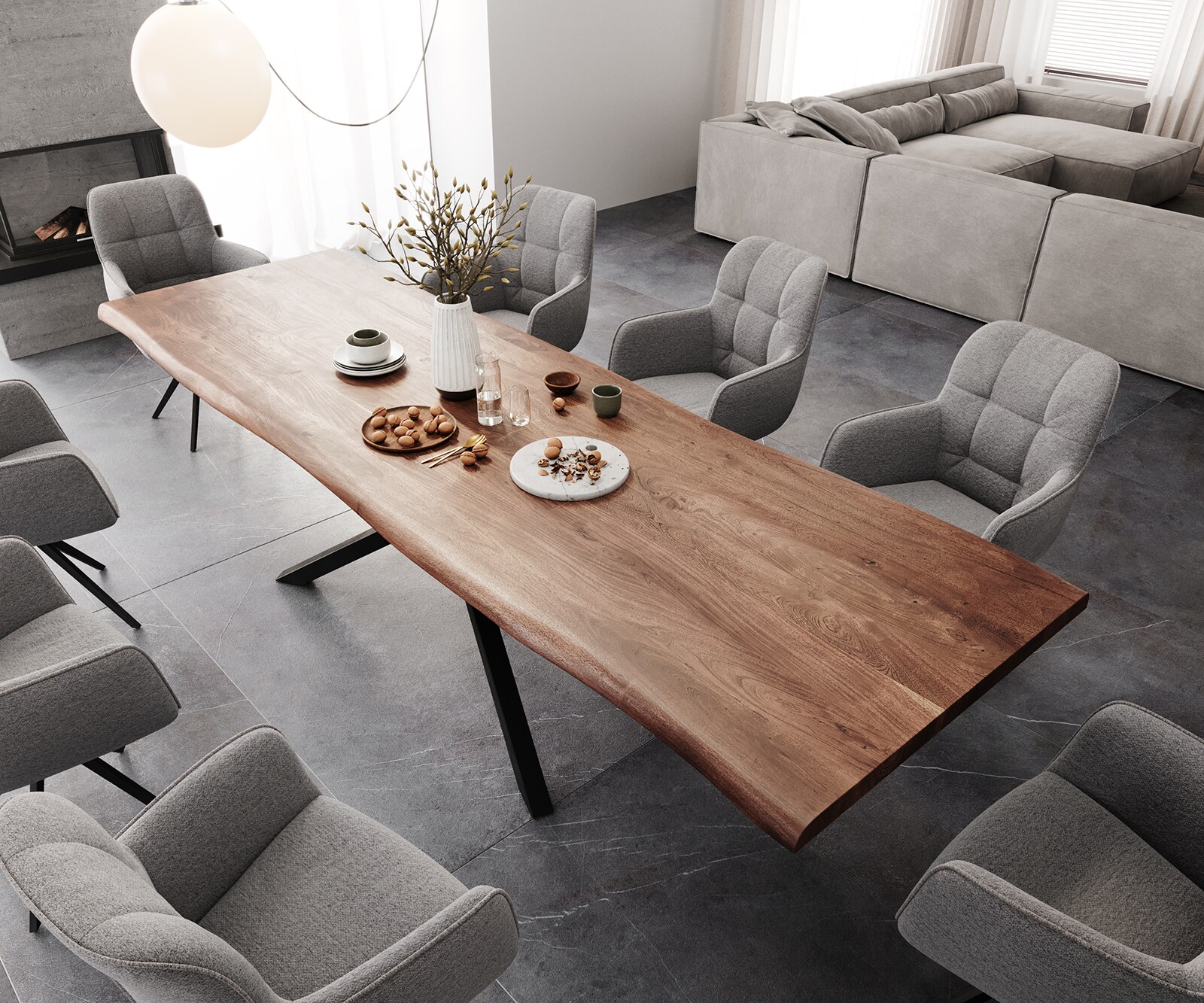Esstisch Edge 300x100 XL Akazie Braun Kreuzgestell Rechteck Schwarz Live-Edge 4