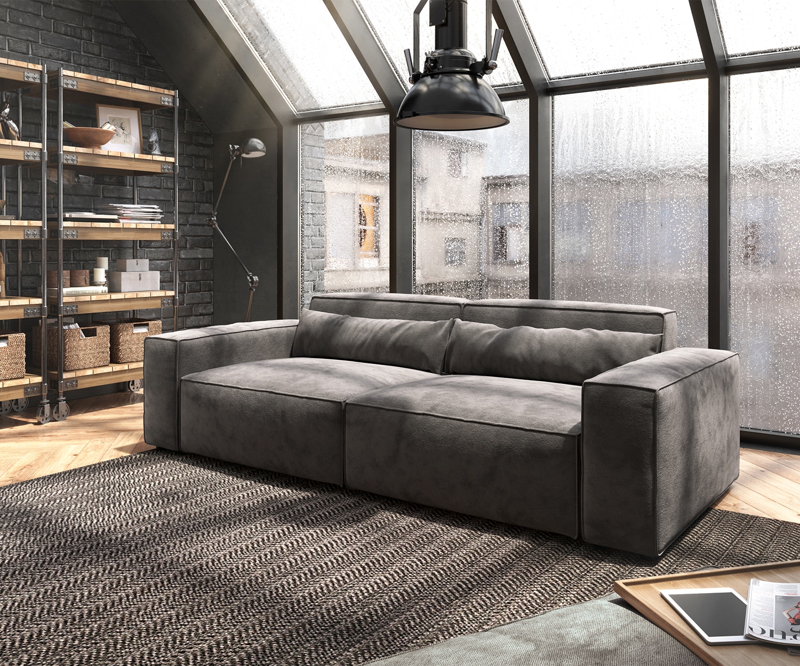 Big-Sofa Sirpio 230x95 cm Mikrofaser Khakibraun mit Hocker