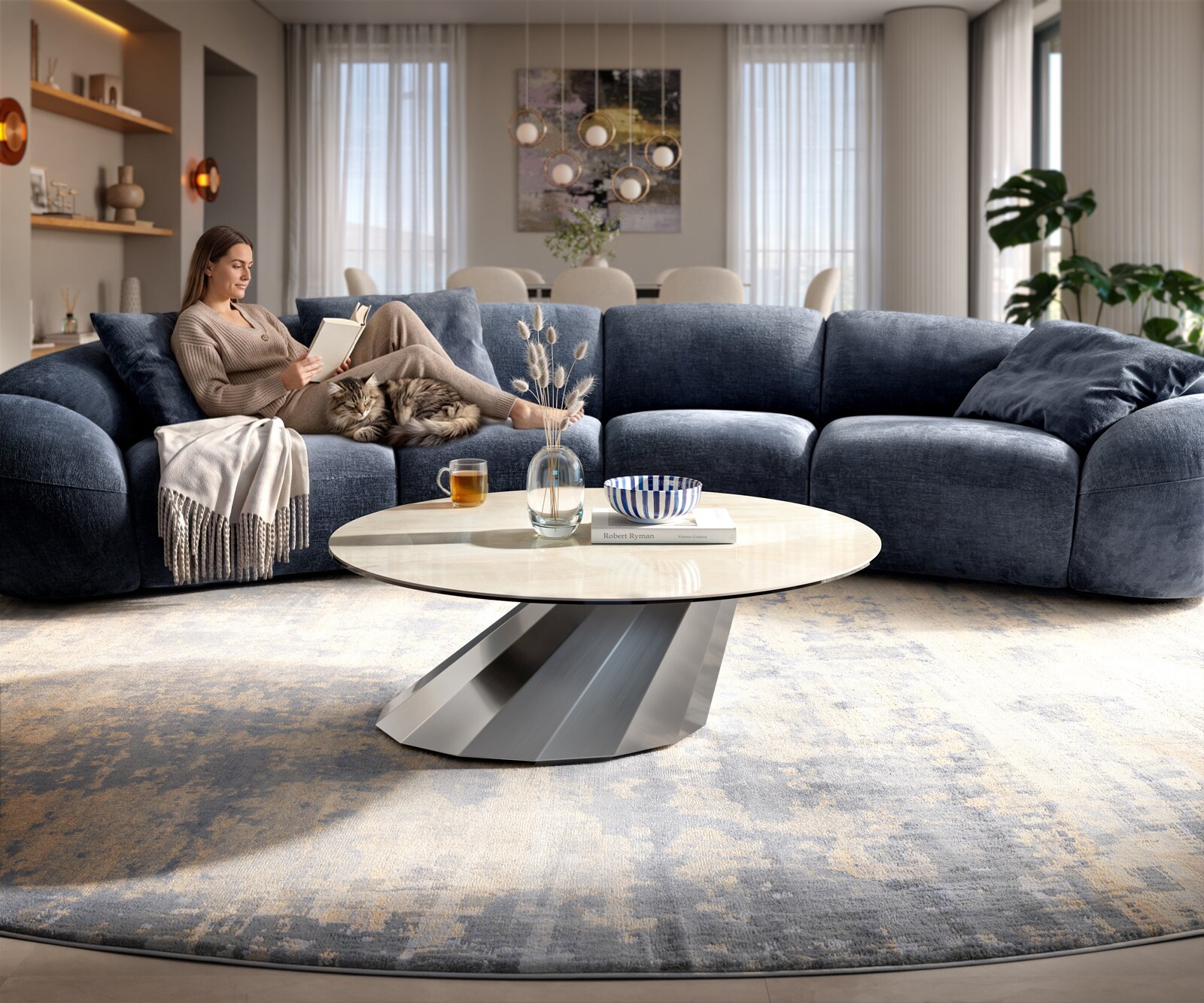 Couchtisch Edge Rund 100x100 cm Keramik Onyx Champagne Parabi Edelstahl gebürstet 1