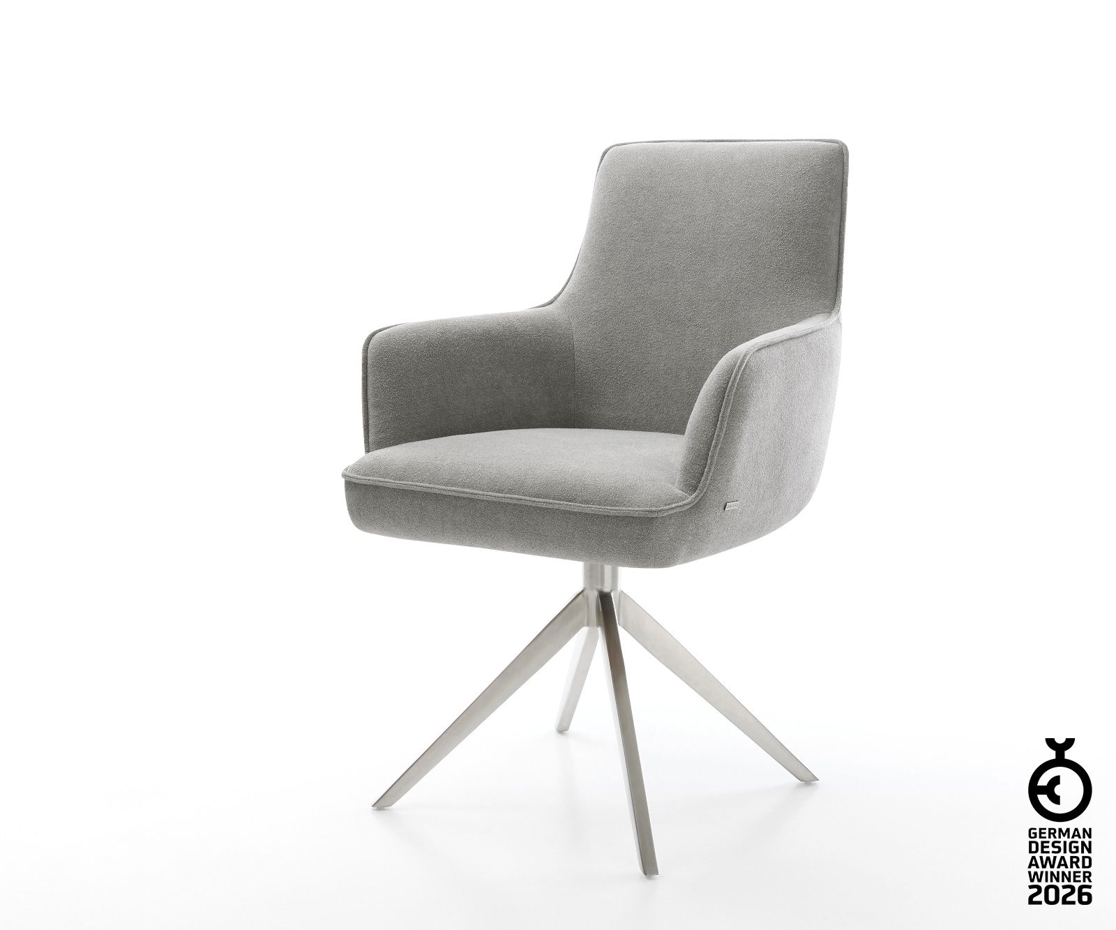 Drehstuhl Heira-Flex mit Armlehnen Strukturstoff Soft Grau Kreuzgestell breit Edelstahl 360° drehbar Wippfunktion Taschenfederkern