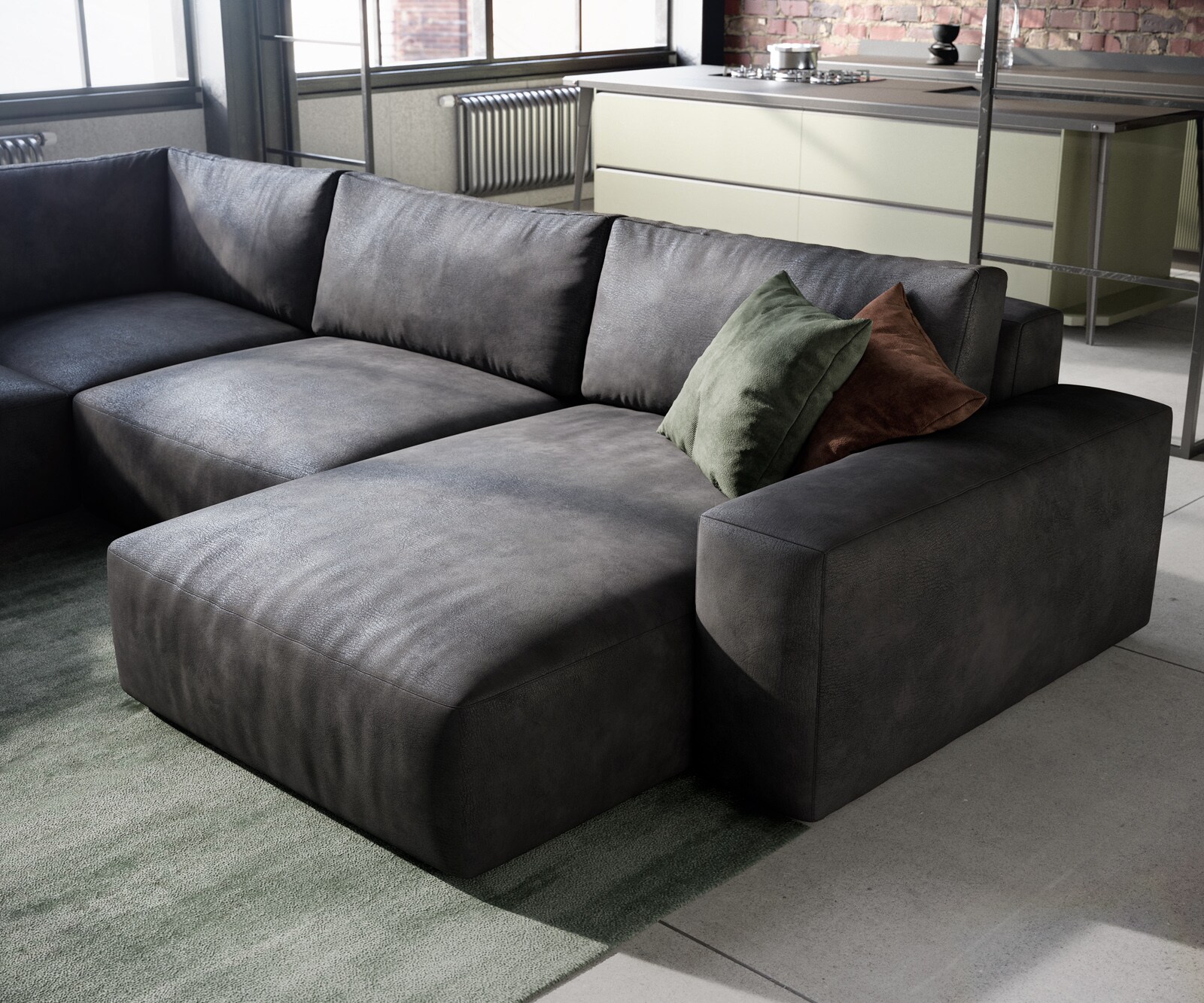 Wohnlandschaft Lanzo 300x210 cm Lederimitat Vintage Anthrazit Recamiere variabel mit Hocker 4