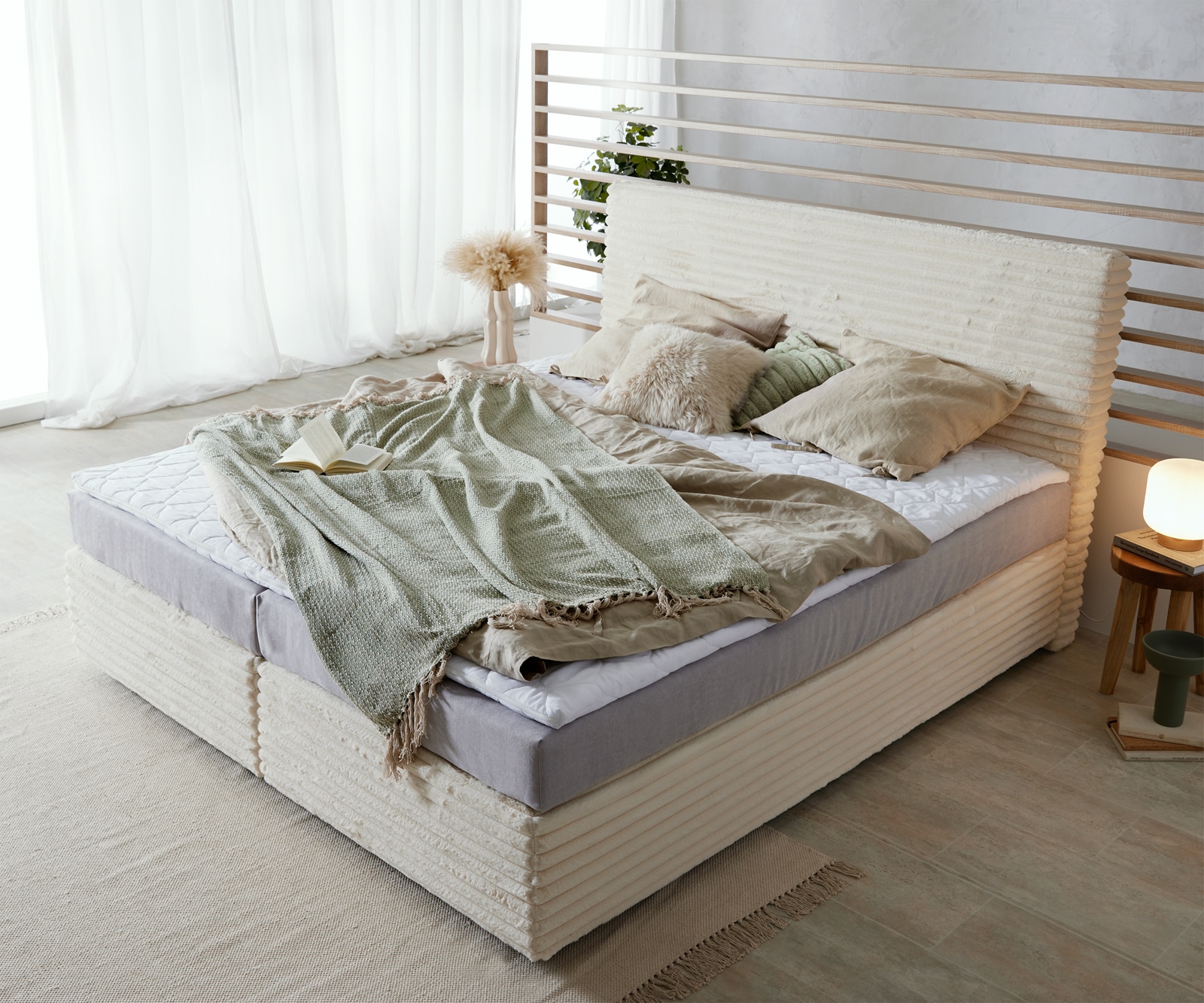 Boxspringbett Dream-Well Plüsch-Cord Beige 180x200 cm TFK-Matratze Visco-Topper 3 Boxspringbett Dream-Well Plüsch-Cord Beige 180x200 cm TFK-Matratze Visco-Topper 3