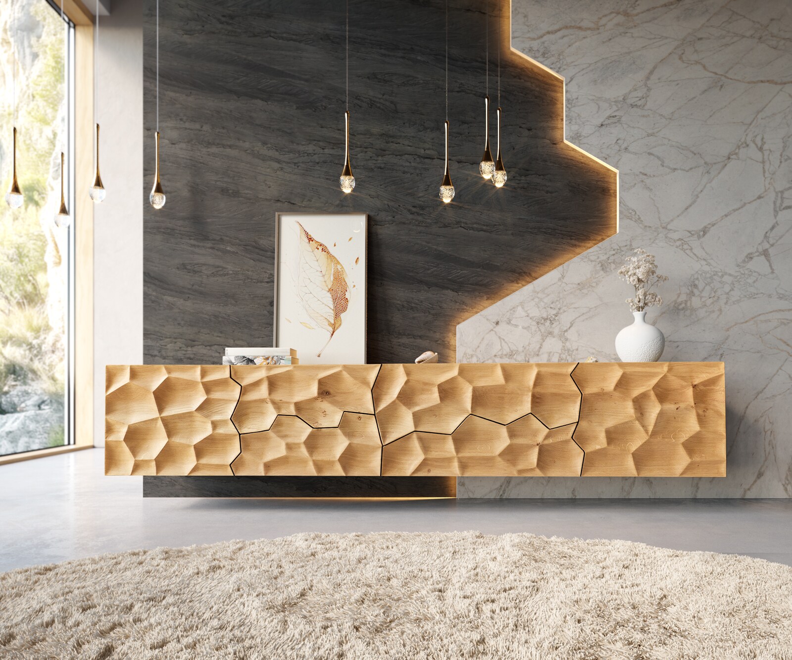 Lowboard Solu 220 cm Eiche Natur 2 Türen 4 Schübe schwebend 3D-Front 1