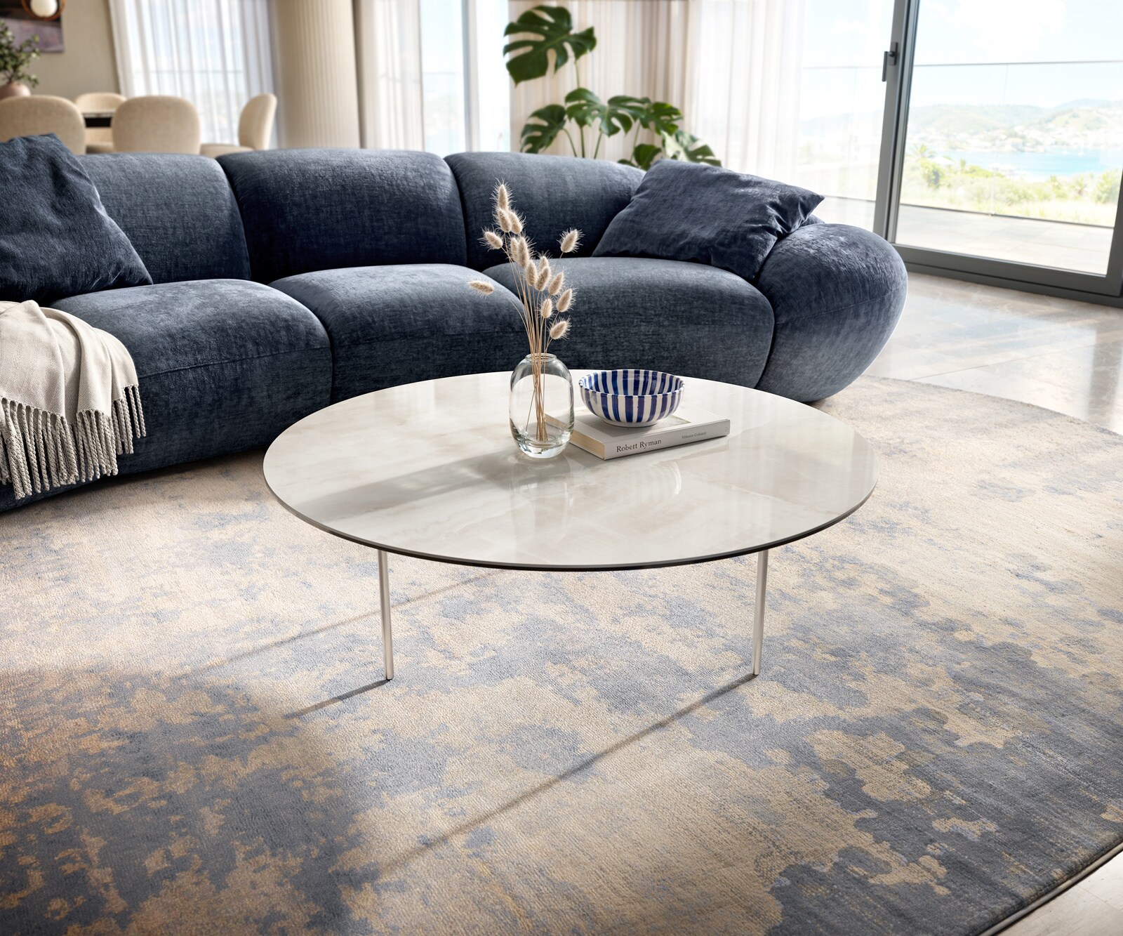 Couchtisch Edge Rund 100x100 cm Keramik Onyx Champagne Trive Edelstahl gebürstet