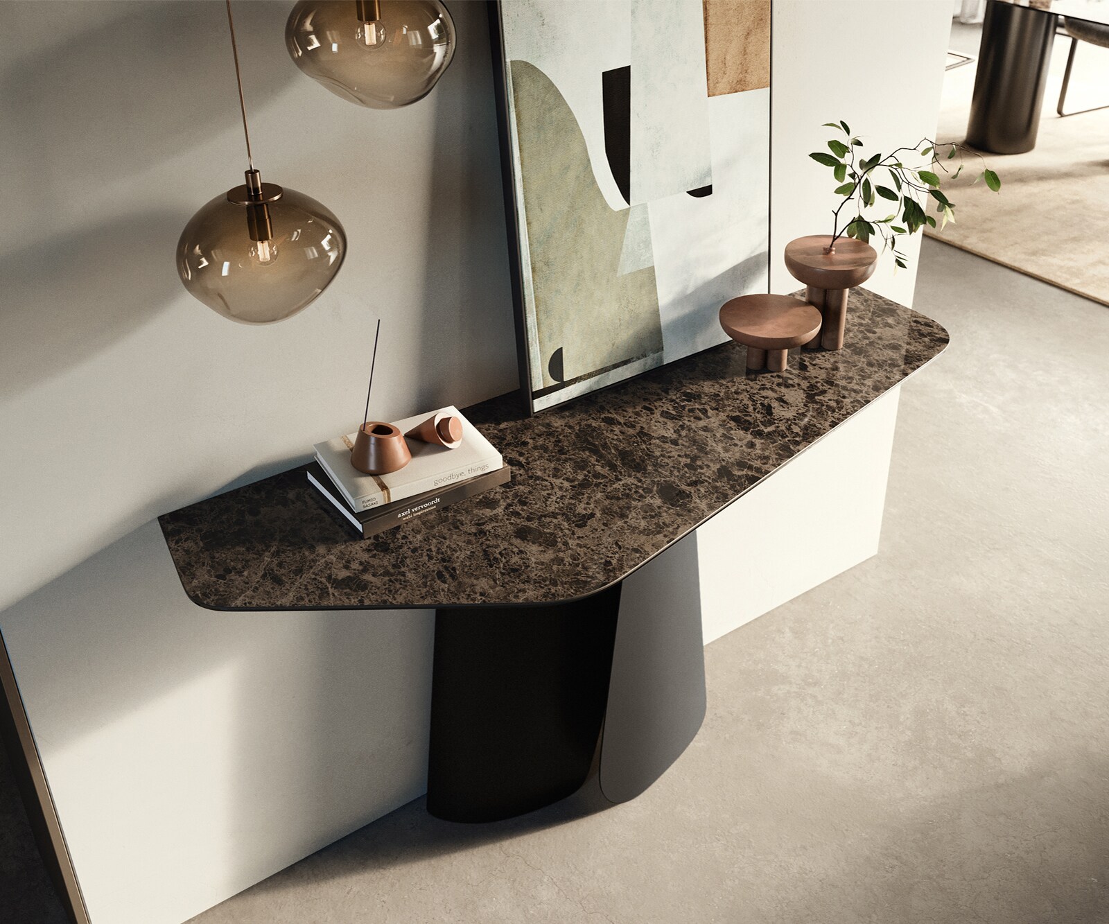 Konsolentisch Edge Polygonal 140x50 cm Keramik Emperador Extra Lucidato Dunkelbraun Livos Metall Schwarz 2