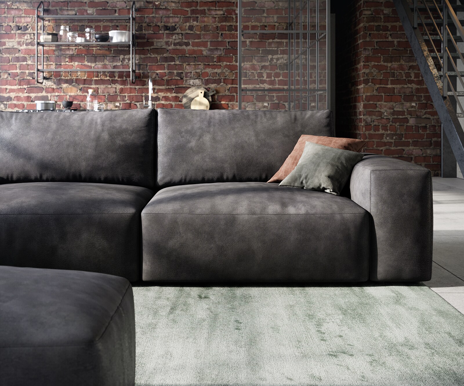 Big-Sofa Lanzo 230x95 cm Lederimitat Vintage Anthrazit mit Hocker 5
