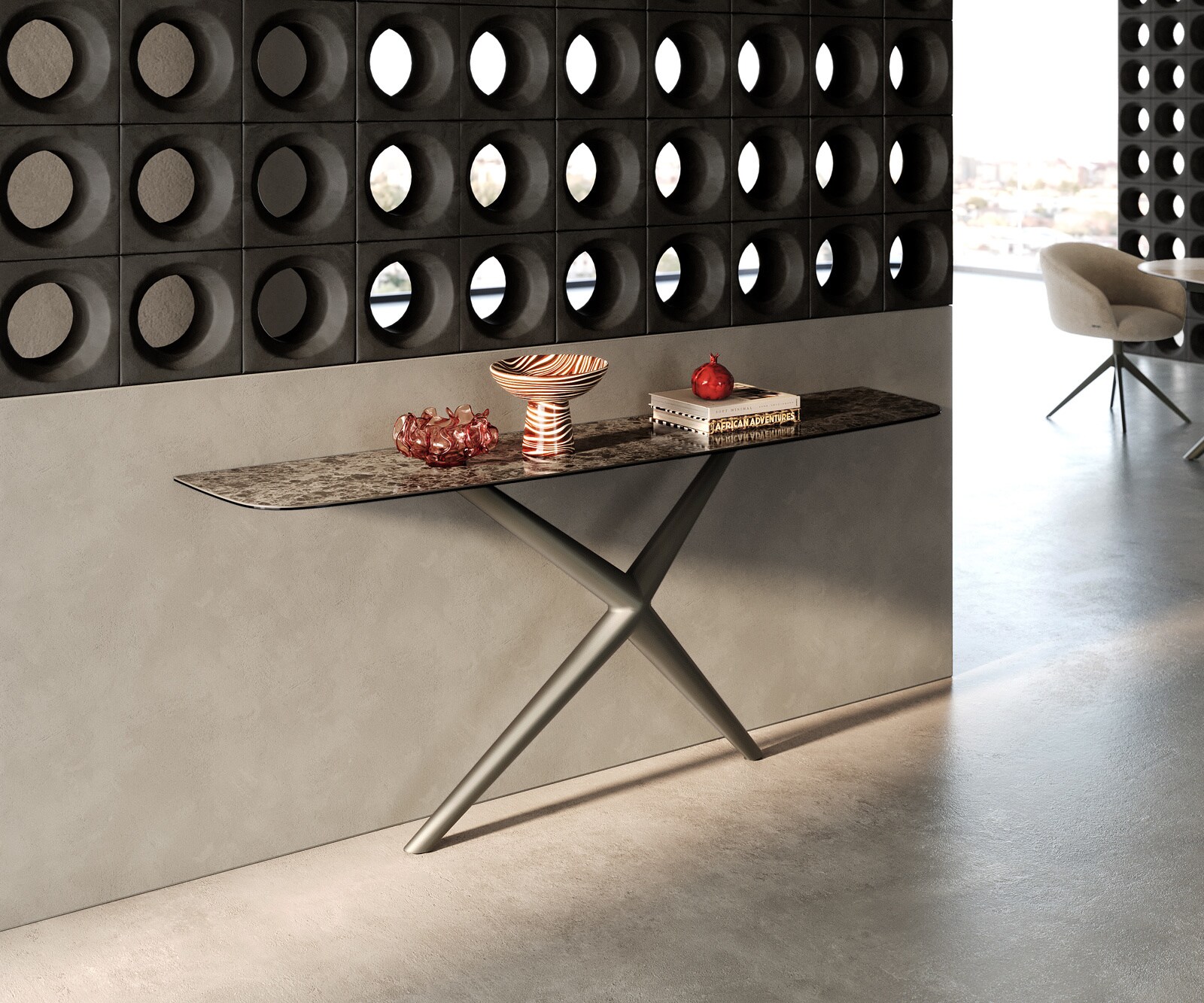 Konsolentisch Edge Boot 180x40 cm Keramik Emperador Extra Lucidato Dunkelbraun Estelo Metall Effektfinish Titan 3