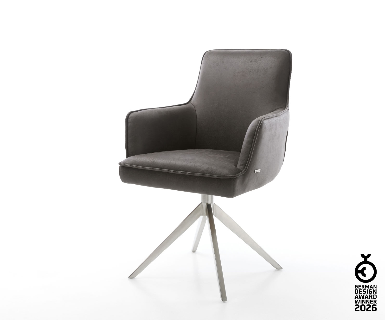 Drehstuhl Heira-Flex mit Armlehnen Mikrofaser Anthrazit Vintage Kreuzgestell breit Edelstahl 360° drehbar Wippfunktion Taschenfederkern