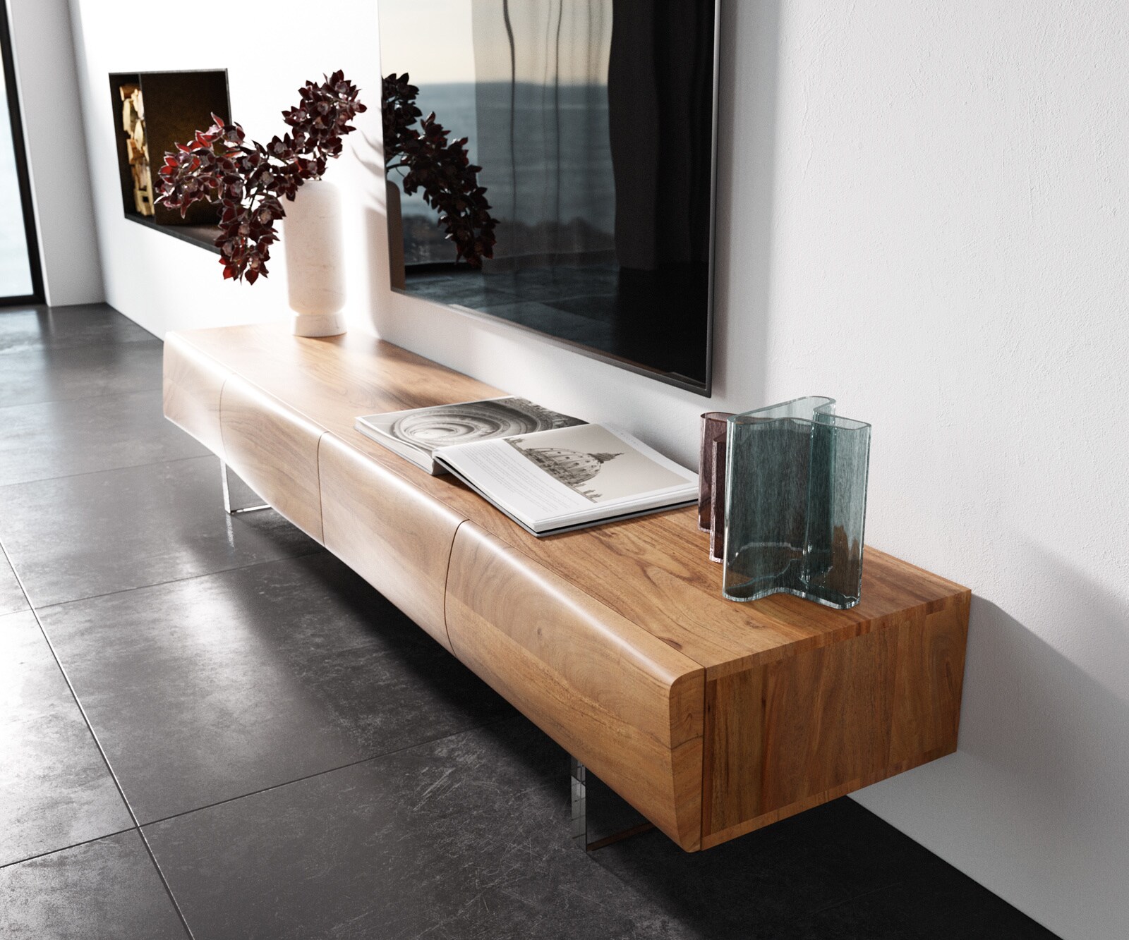 Lowboard New Live-Edge 200 cm Akazie Natur 4 Türen Acrylfuß 2
